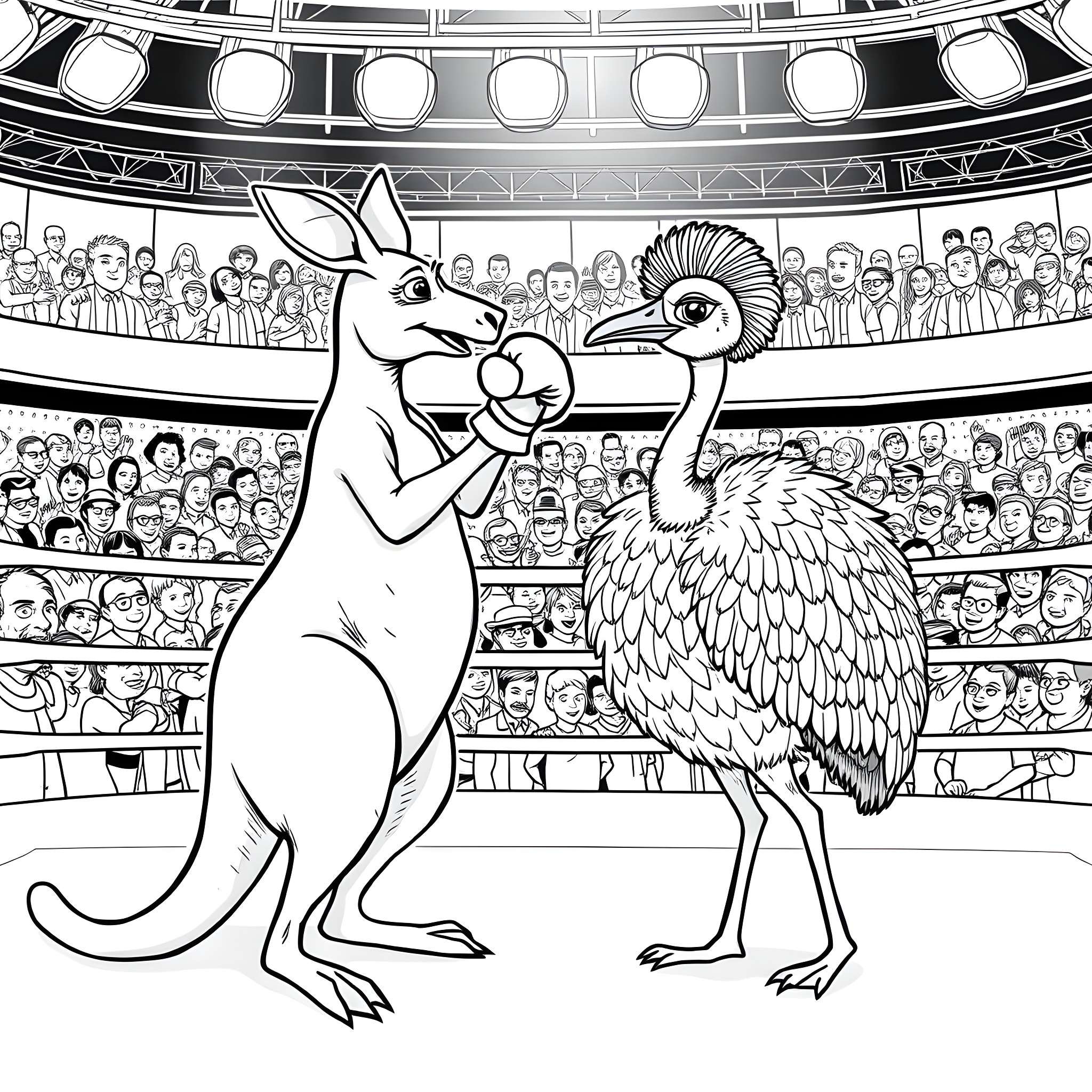 Kangaroo and ostrich performers in a circus arena Coloring Page (free black-and-white line drawing printable PDF for all, from beginners to advanced learners, including children, teens, adults, and seniors)