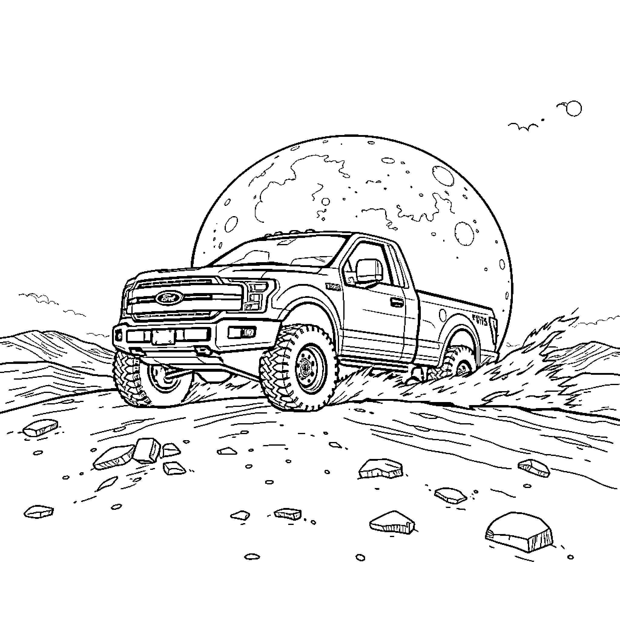 Ford Pickup traversing rugged terrain under starry sky Coloring Page (free black-and-white line drawing printable PDF for all, from beginners to advanced learners, including children, teens, adults, and seniors)