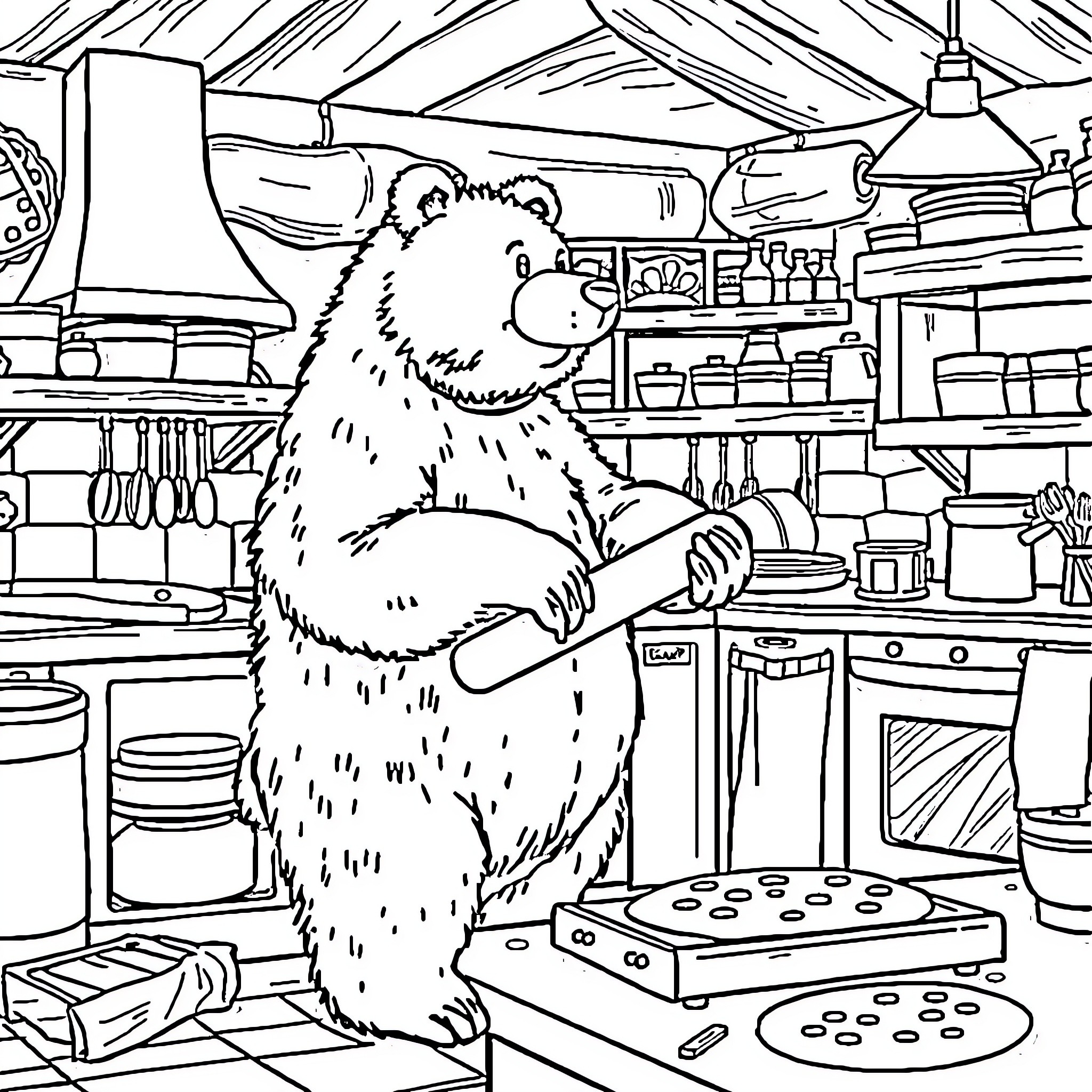 Bear Cooking Delicious Treats in a Cozy Kitchen Coloring Page (free black-and-white line drawing printable PDF for all, from beginners to advanced learners, including children, teens, adults, and seniors)