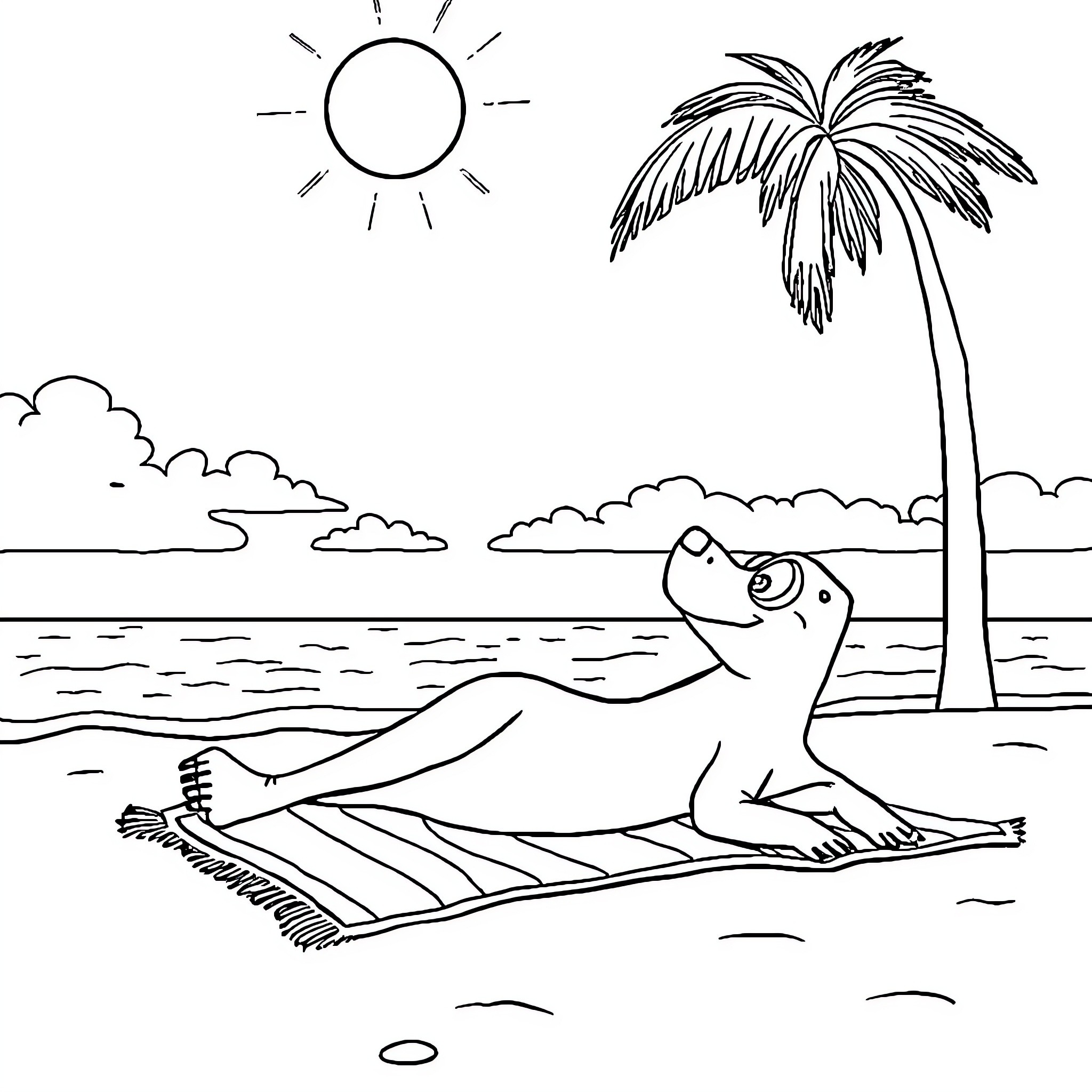 Pensa's relaxing day at the beach Coloring Page (free black-and-white line drawing printable PDF for all, from beginners to advanced learners, including children, teens, adults, and seniors)
