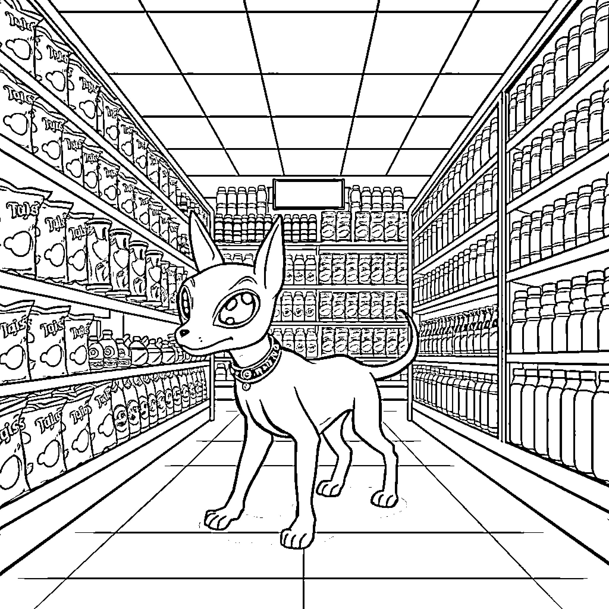 Alien Dog Exploring a Futuristic Supermarket Coloring Page (free black-and-white line drawing printable PDF for all, from beginners to advanced learners, including children, teens, adults, and seniors)
