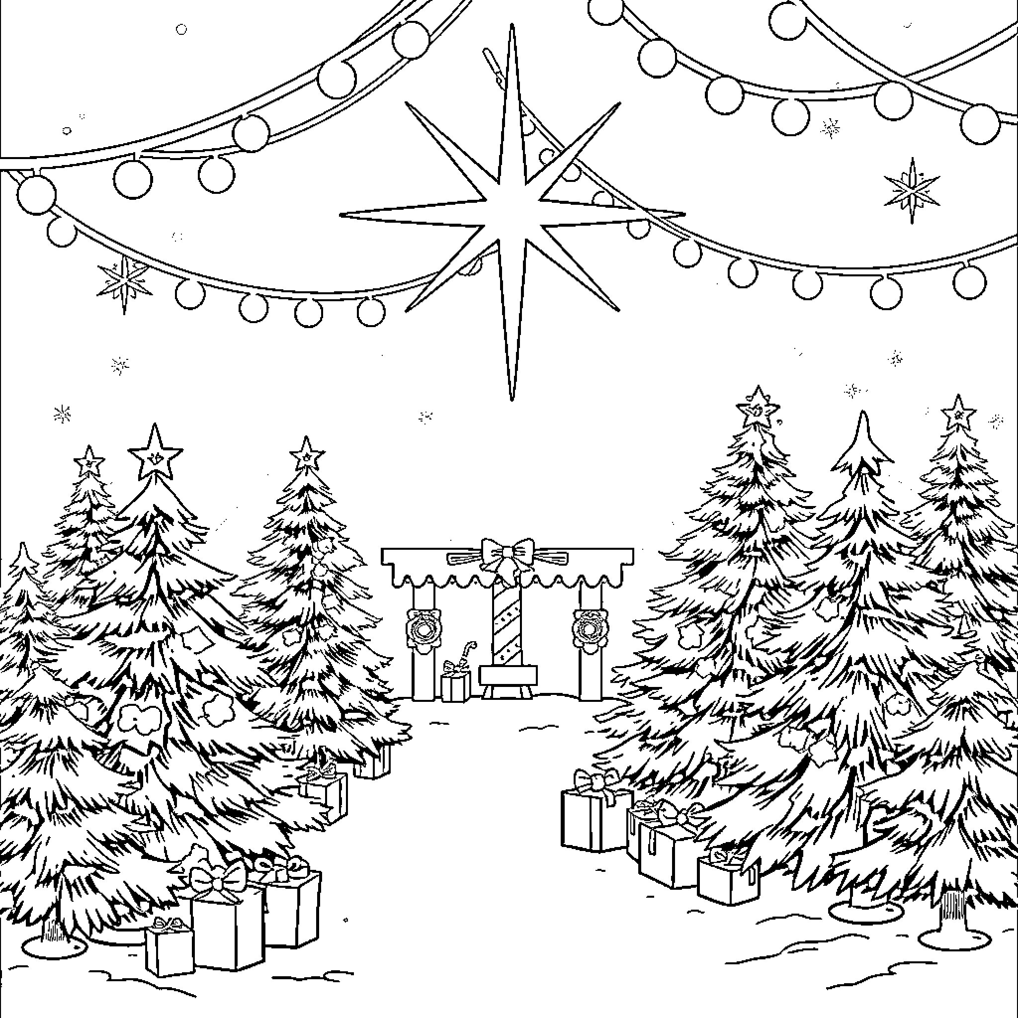 Christmas scene with snow-covered trees, gifts, and festive lighting Coloring Page (free black-and-white line drawing printable PDF for all, from beginners to advanced learners, including children, teens, adults, and seniors)
