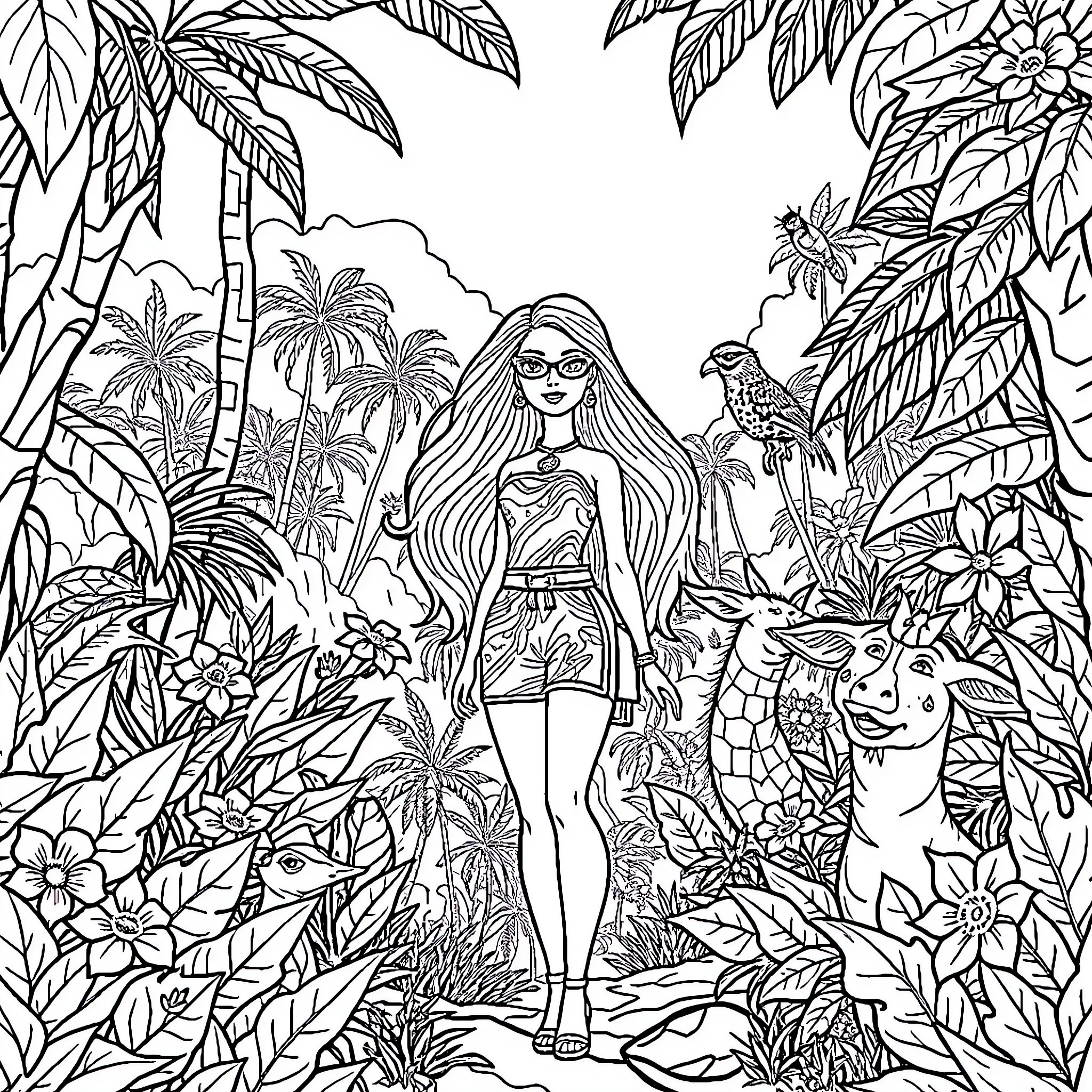 Barbie exploring the tropical jungle Coloring Page (free black-and-white line drawing printable PDF for all, from beginners to advanced learners, including children, teens, adults, and seniors)