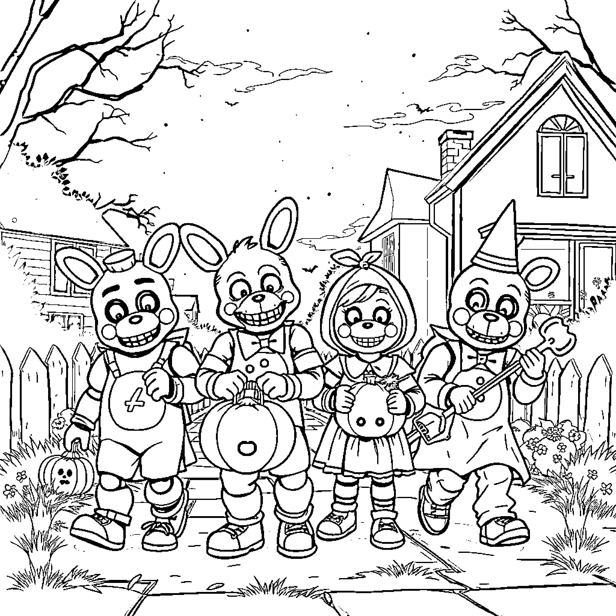 Freddy and Friends Explore the Neighborhood Coloring Page (free black-and-white line drawing printable PDF for all, from beginners to advanced learners, including children, teens, adults, and seniors)