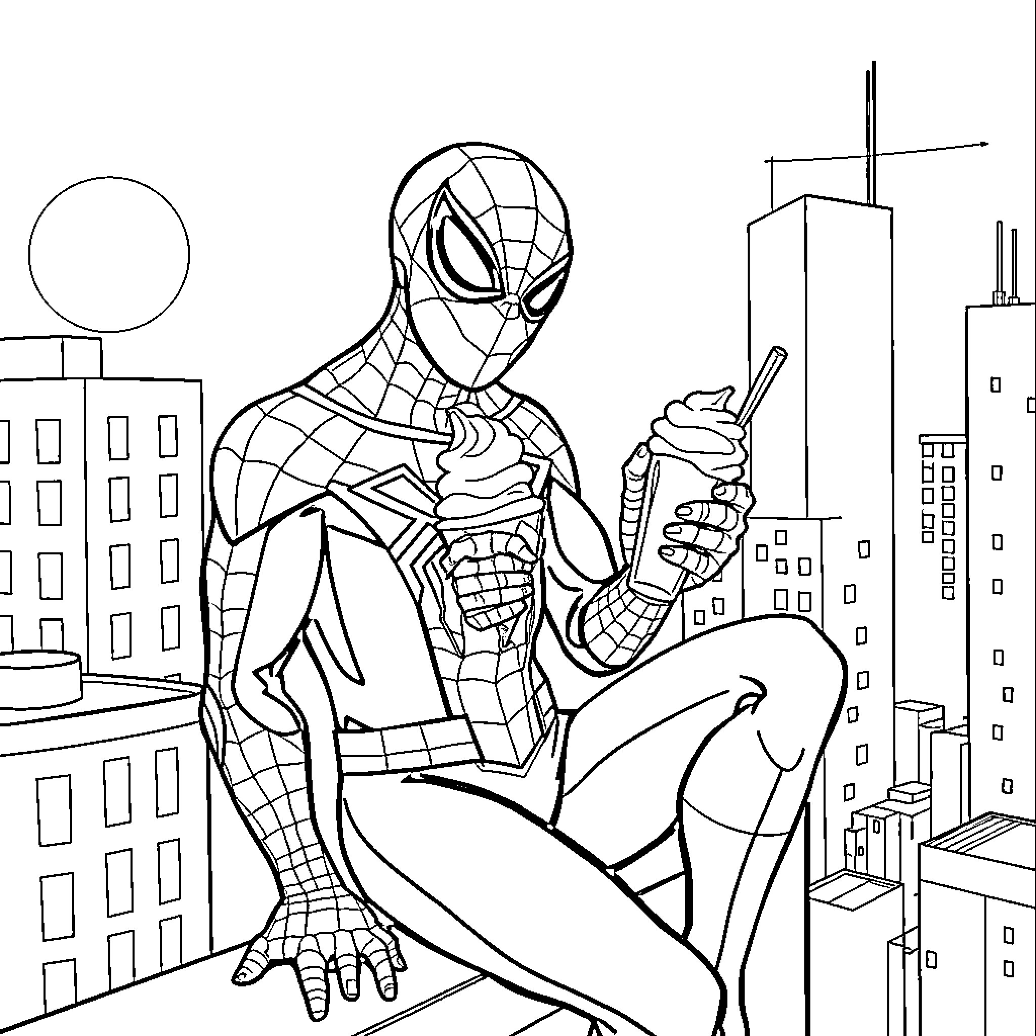 Spiderman swinging through the city skyline Coloring Page (free black-and-white line drawing printable PDF for all, from beginners to advanced learners, including children, teens, adults, and seniors)