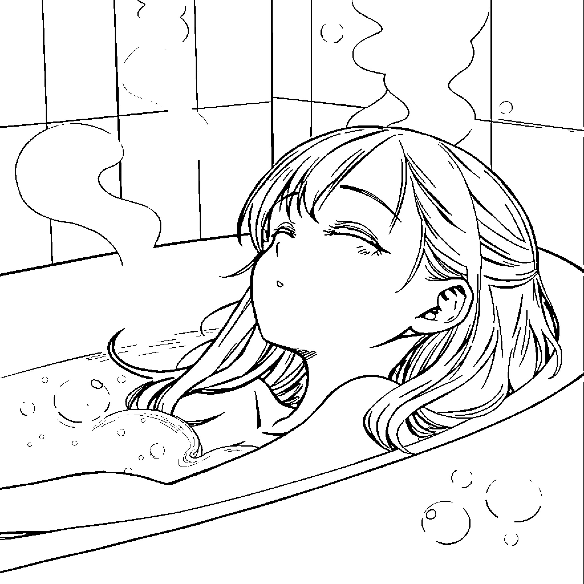 Anime Girl Relaxing in a Warm Bubble Bath Coloring Page (free black-and-white line drawing printable PDF for all, from beginners to advanced learners, including children, teens, adults, and seniors)