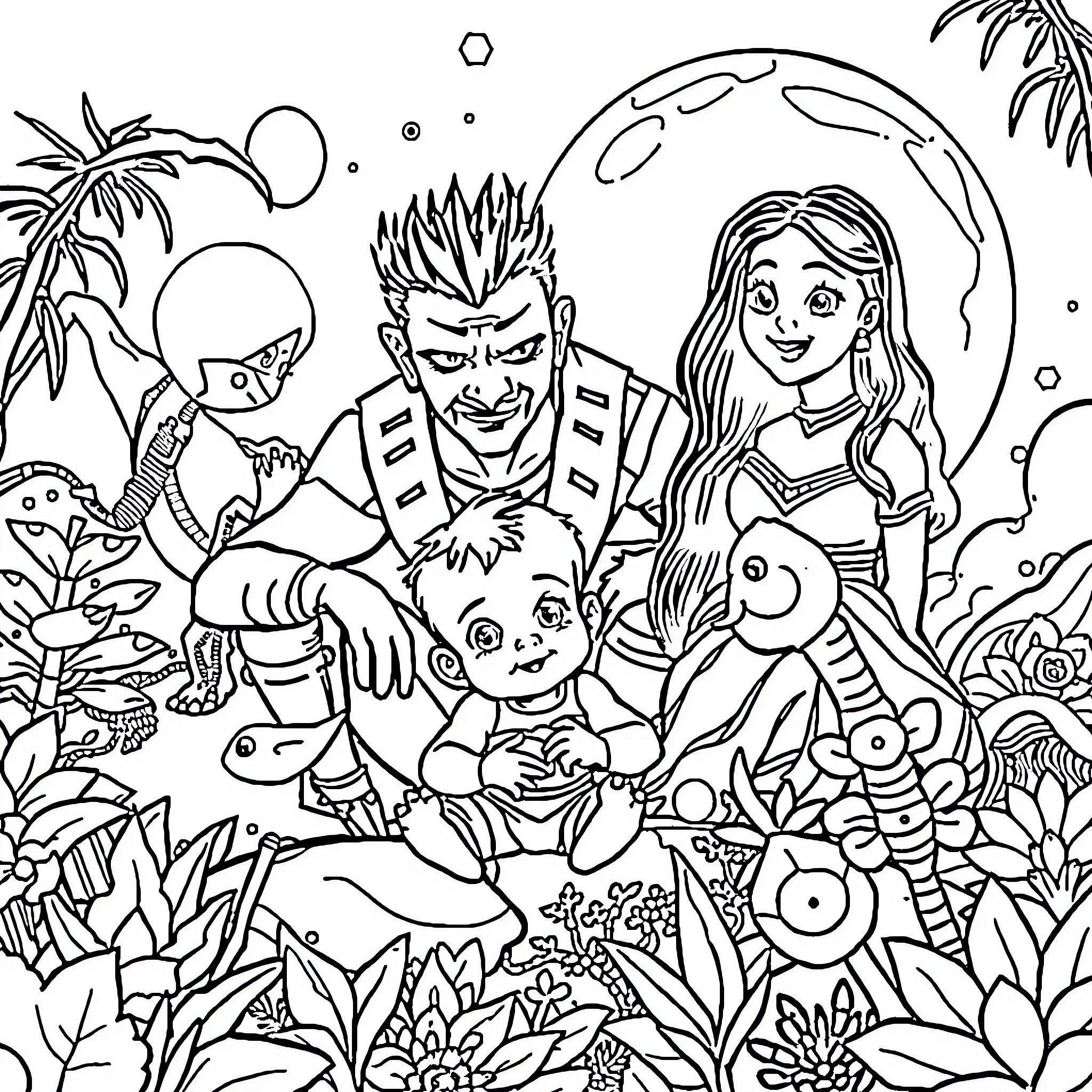 Baby Riddick's Exciting Adventure in the Lush Jungle Coloring Page (free black-and-white line drawing printable PDF for all, from beginners to advanced learners, including children, teens, adults, and seniors)