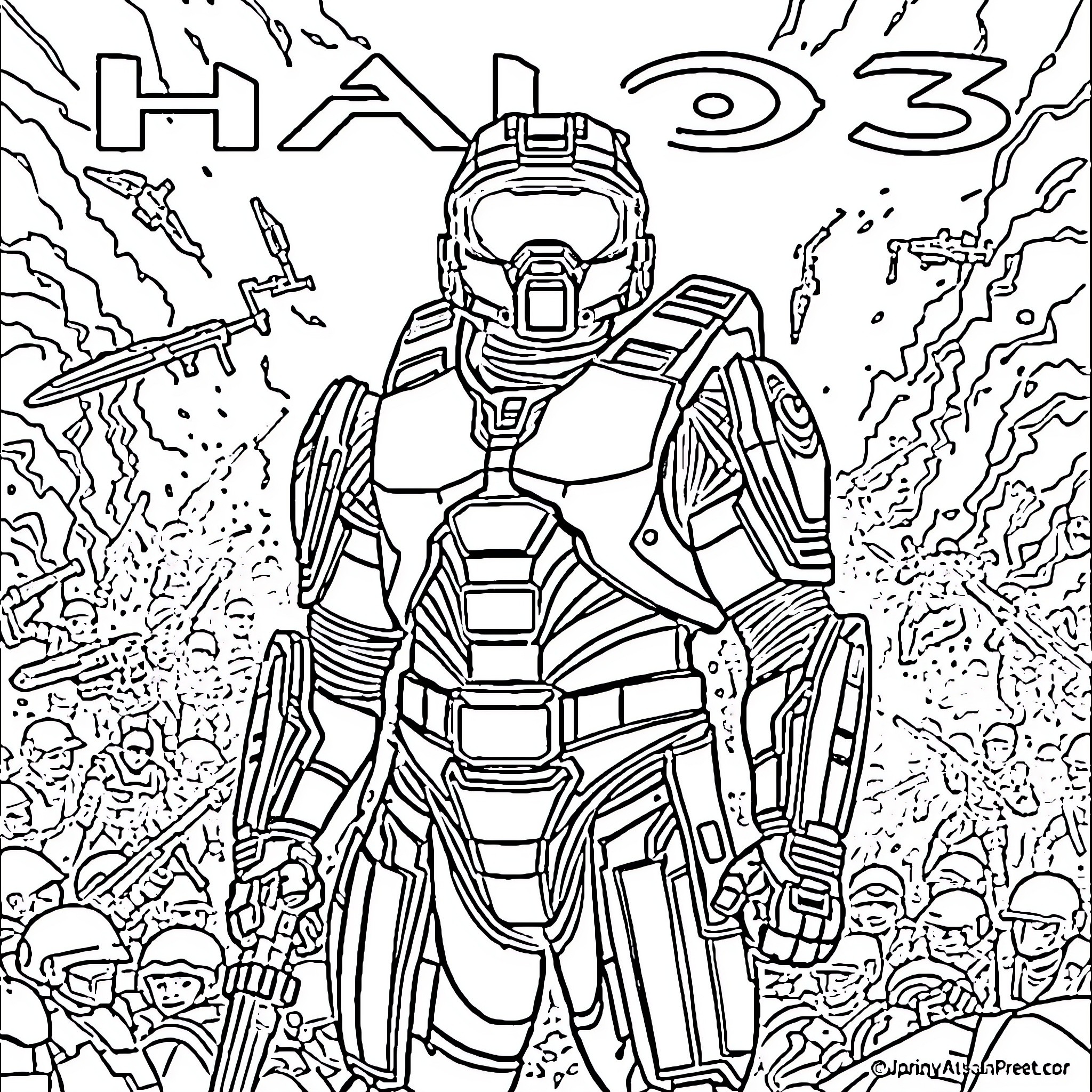 Master Chief in Action-Packed Halo 3 Scene Coloring Page (free black-and-white line drawing printable PDF for all, from beginners to advanced learners, including children, teens, adults, and seniors)