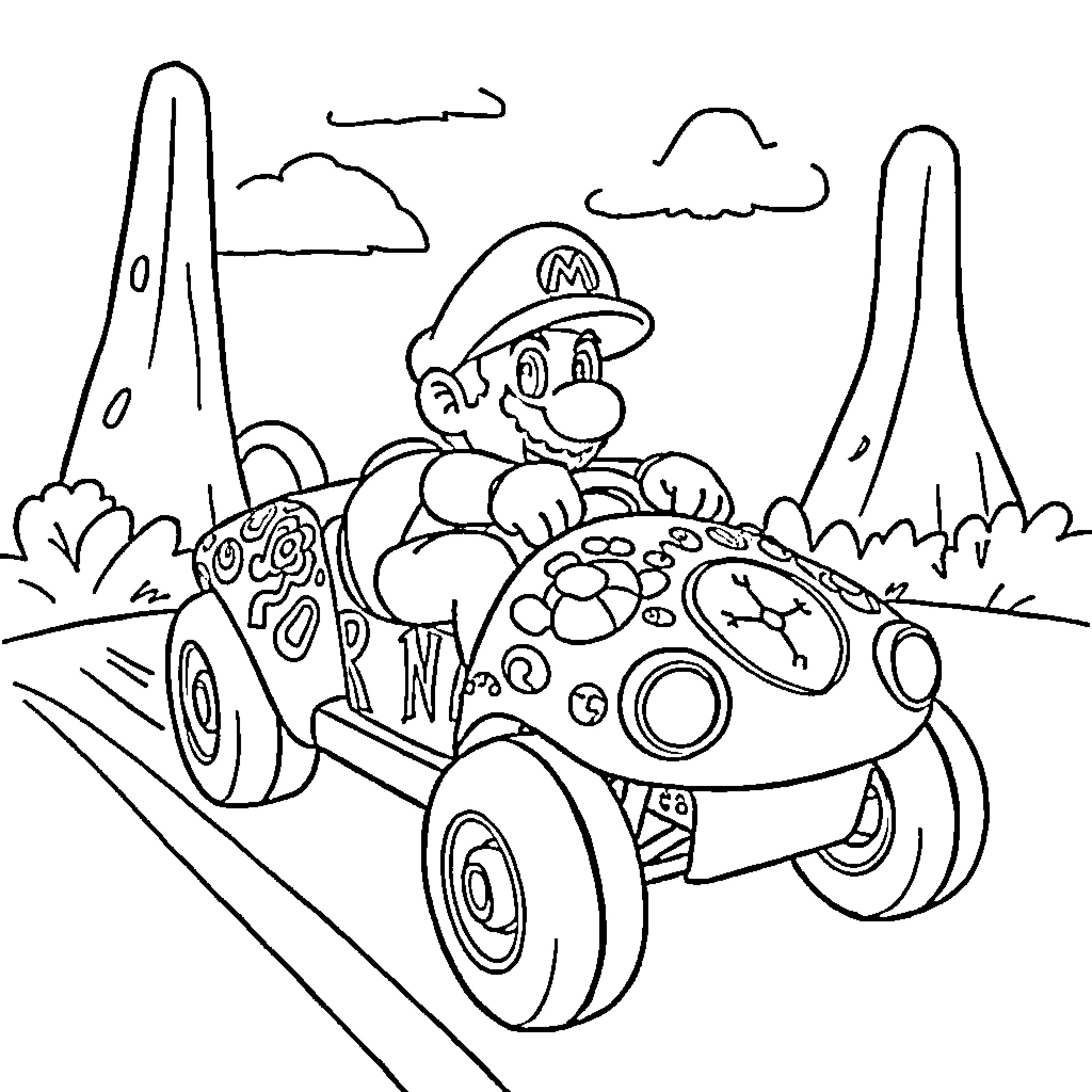 Mario driving a whimsical vehicle through a fantastical landscape Coloring Page (free black-and-white line drawing printable PDF for all, from beginners to advanced learners, including children, teens, adults, and seniors)