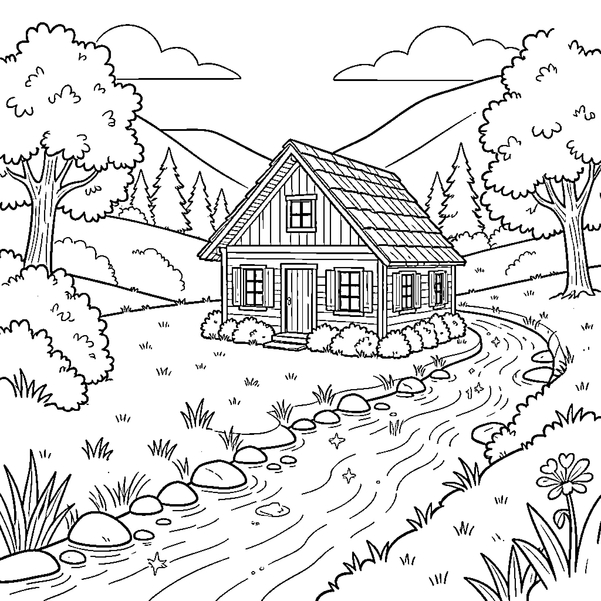 Hut nestled in serene natural landscape Coloring Page (free black-and-white line drawing printable PDF for all, from beginners to advanced learners, including children, teens, adults, and seniors)
