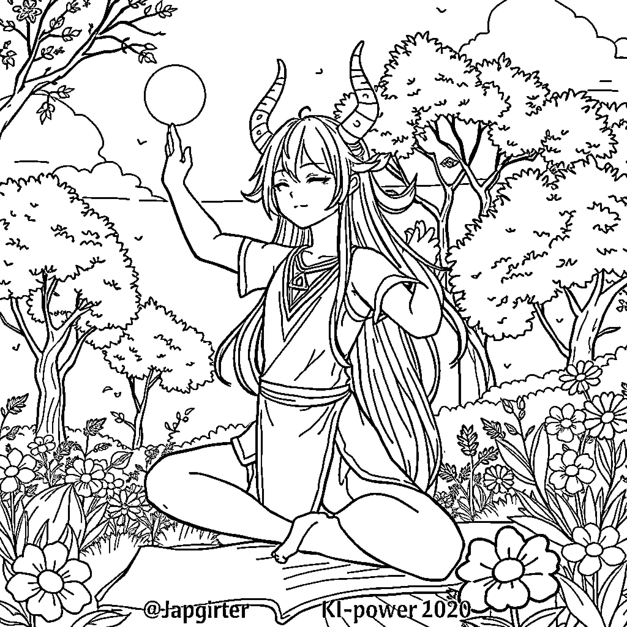 Jinu's Whimsical Enchantment in a Magical Forest Coloring Page (free black-and-white line drawing printable PDF for all, from beginners to advanced learners, including children, teens, adults, and seniors)