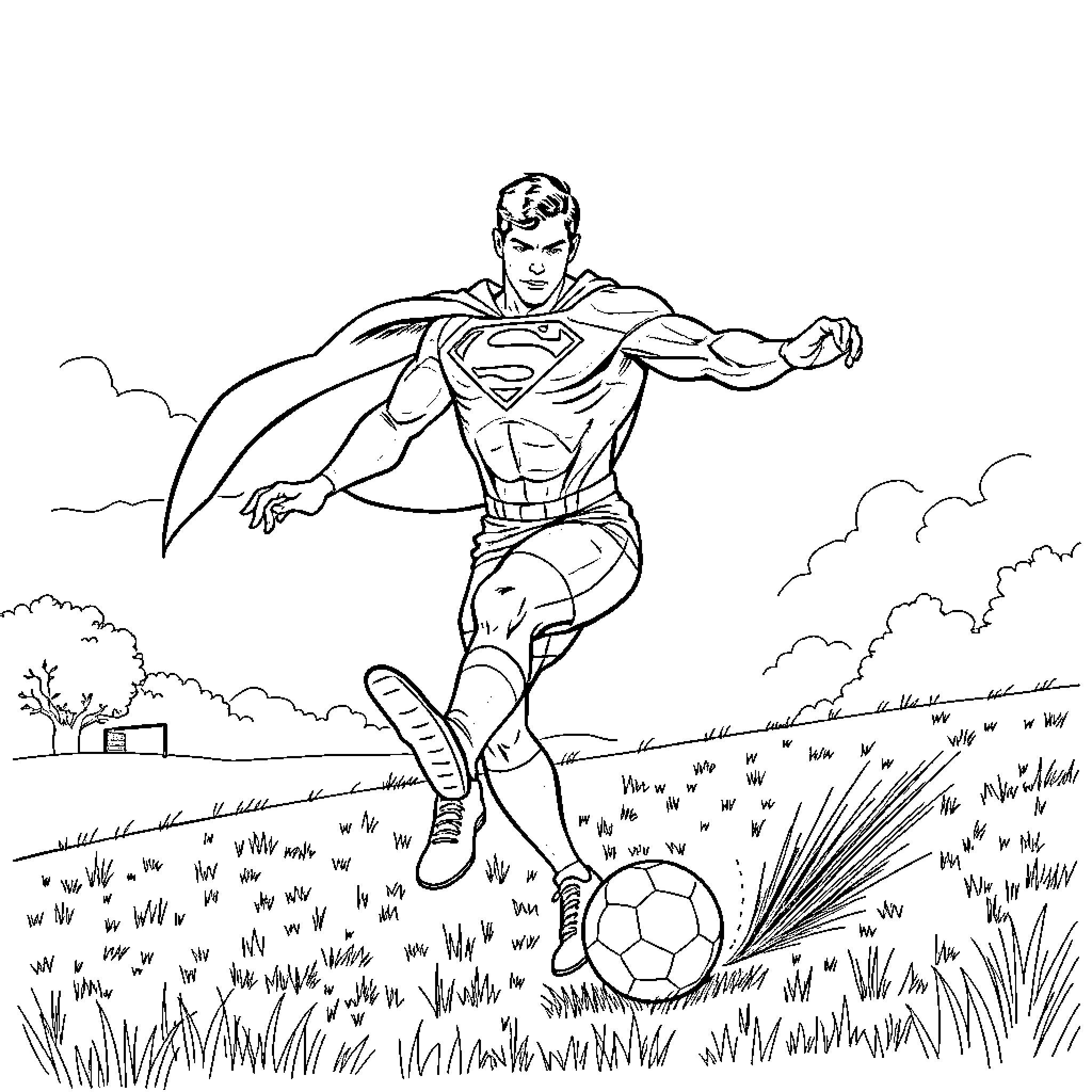 Superman playing with a soccer ball in the park Coloring Page (free black-and-white line drawing printable PDF for all, from beginners to advanced learners, including children, teens, adults, and seniors)