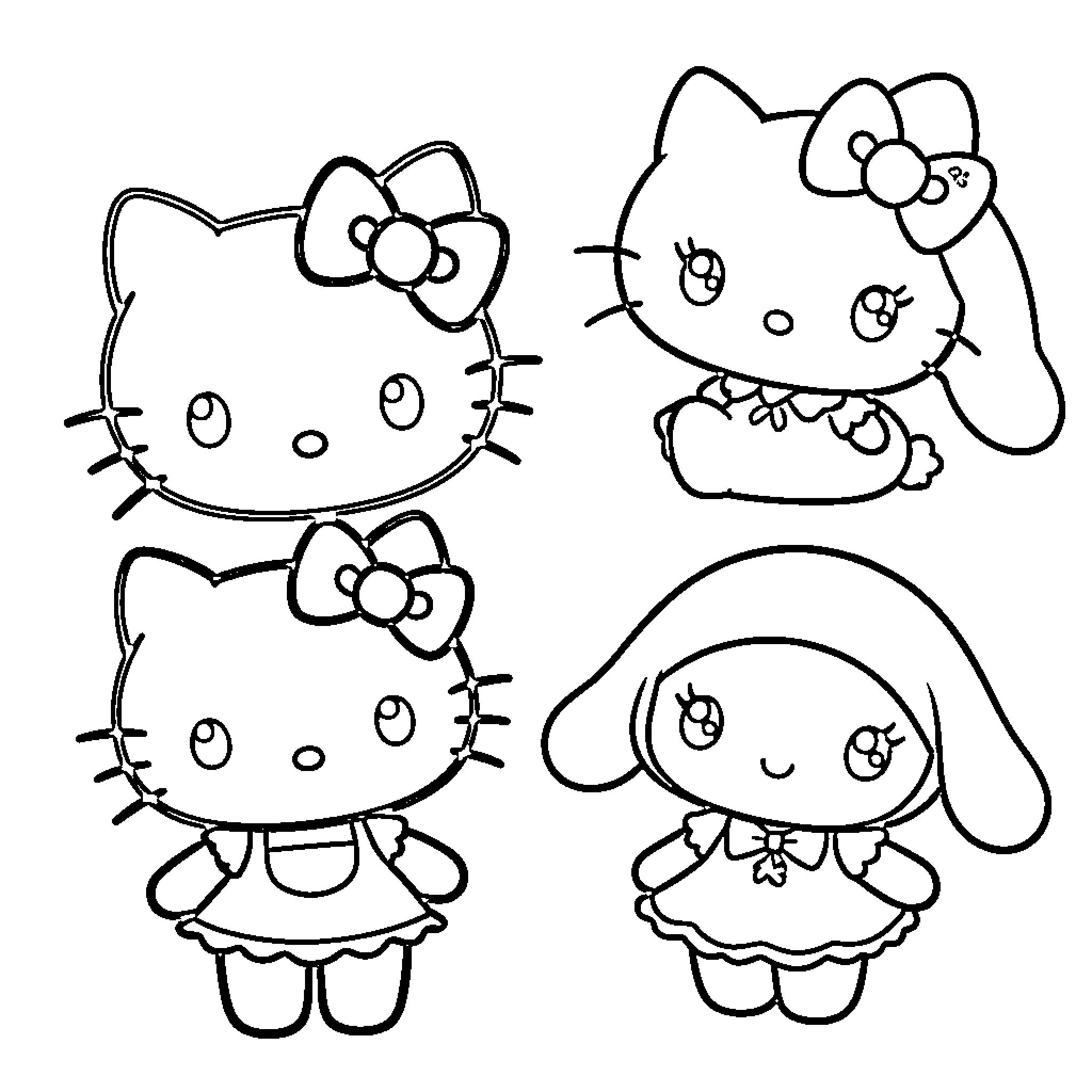 Sanrio Characters in Cute Poses Coloring Page (free black-and-white line drawing printable PDF for all, from beginners to advanced learners, including children, teens, adults, and seniors)