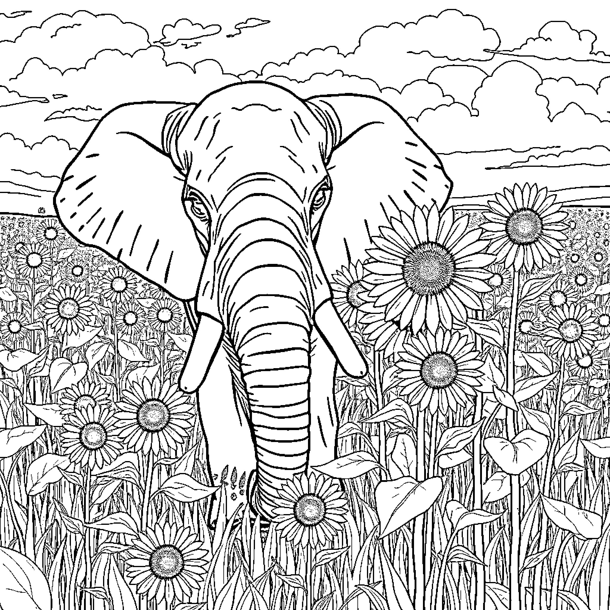 Elephant walking through a flower field Coloring Page (free black-and-white line drawing printable PDF for all, from beginners to advanced learners, including children, teens, adults, and seniors)