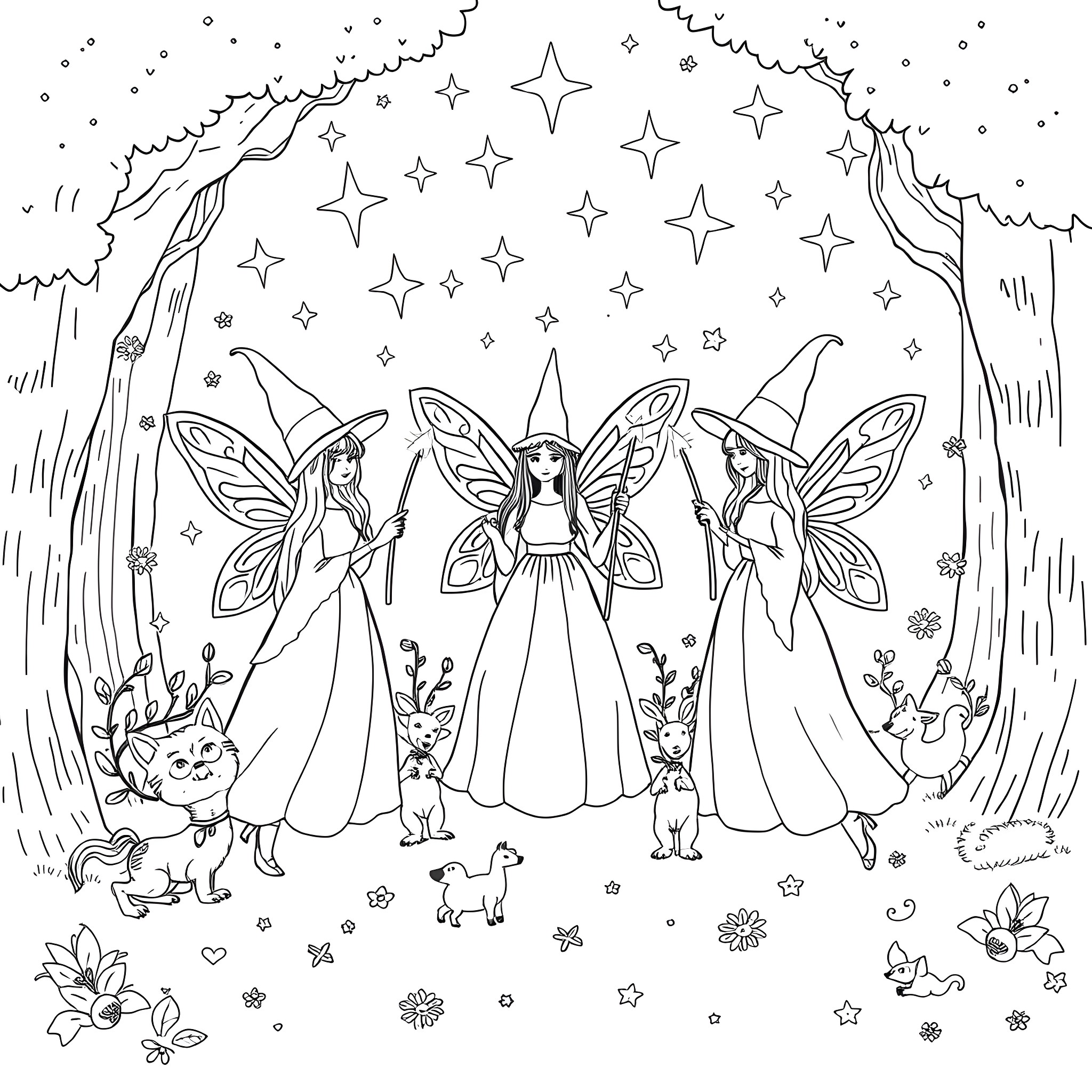 Fairy Godmother guiding three enchanting fairies in a starry, magical forest Coloring Page (free black-and-white line drawing printable PDF for all, from beginners to advanced learners, including children, teens, adults, and seniors)