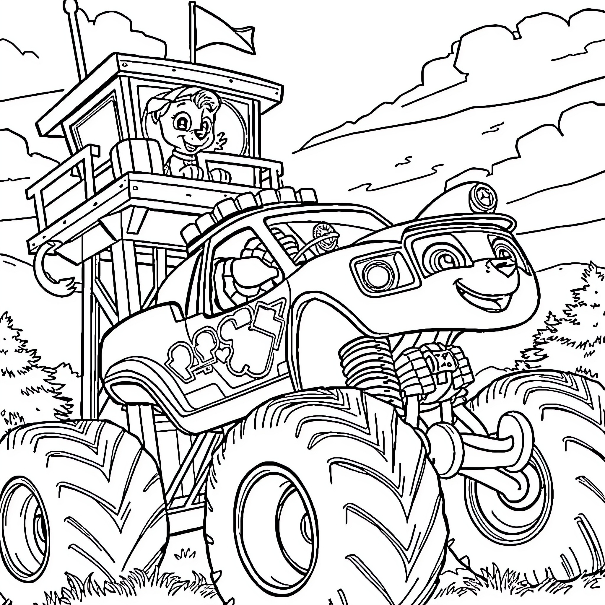 Paw Patrol Monster Truck Adventure Coloring Page (free black-and-white line drawing printable PDF for all, from beginners to advanced learners, including children, teens, adults, and seniors)