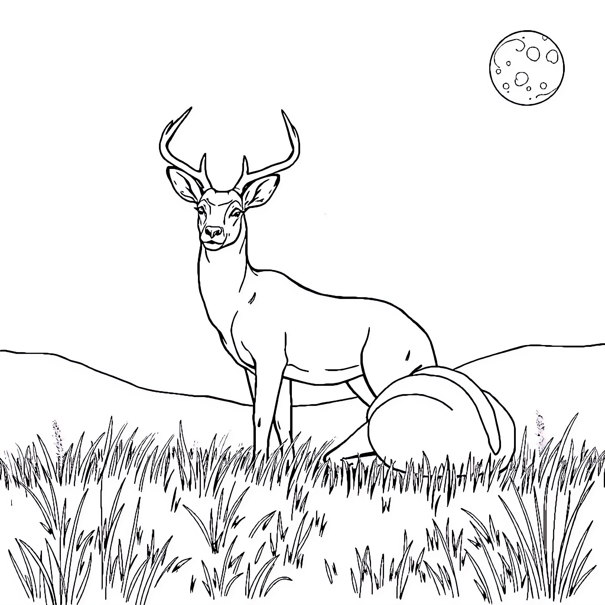 Deer standing gracefully under the moonlit sky Coloring Page (free black-and-white line drawing printable PDF for all, from beginners to advanced learners, including children, teens, adults, and seniors)