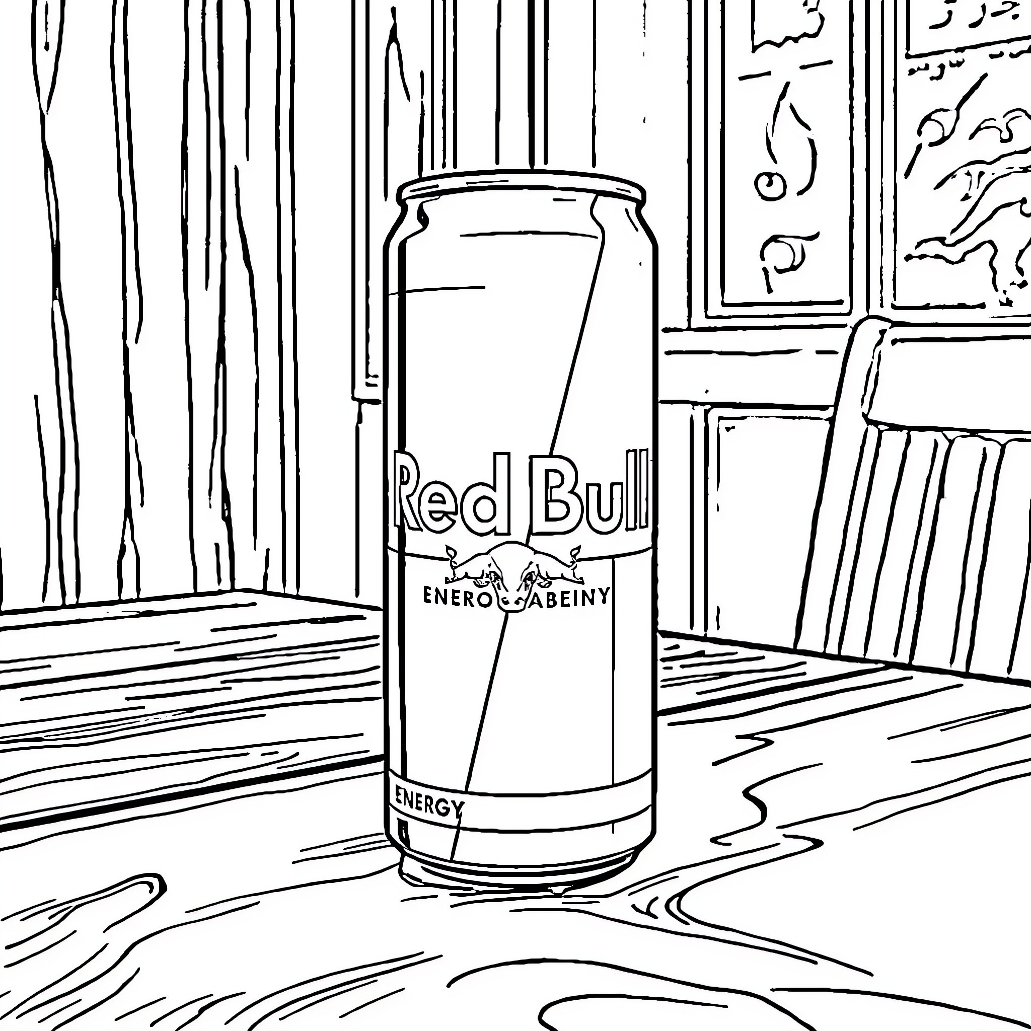 Red Bull energy drink can in a wooden setting Coloring Page (free black-and-white line drawing printable PDF for all, from beginners to advanced learners, including children, teens, adults, and seniors)