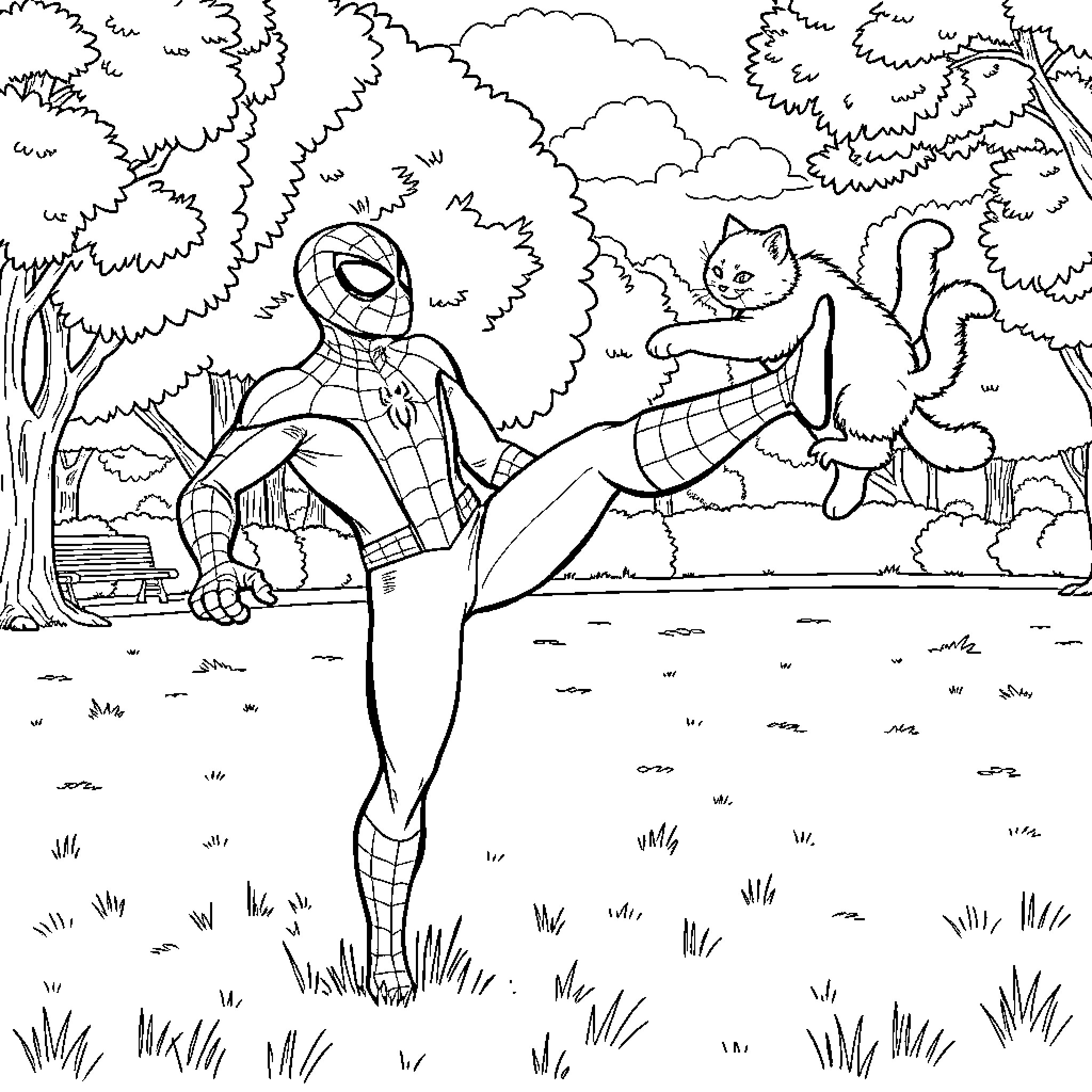 Spiderman interacting with a cat in the park Coloring Page (free black-and-white line drawing printable PDF for all, from beginners to advanced learners, including children, teens, adults, and seniors)