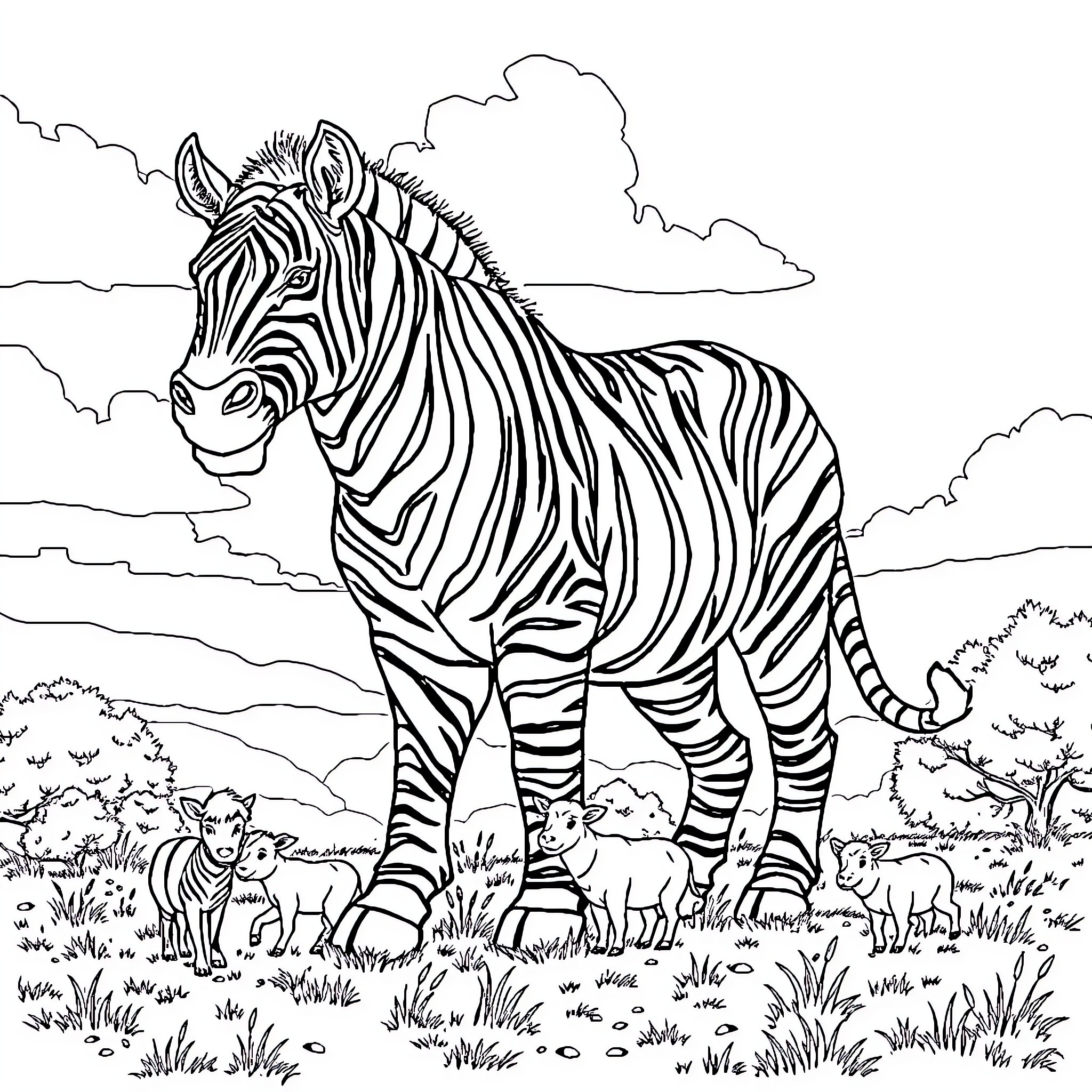 Toro the Zebra and Its Herd in the Savanna Coloring Page (free black-and-white line drawing printable PDF for all, from beginners to advanced learners, including children, teens, adults, and seniors)