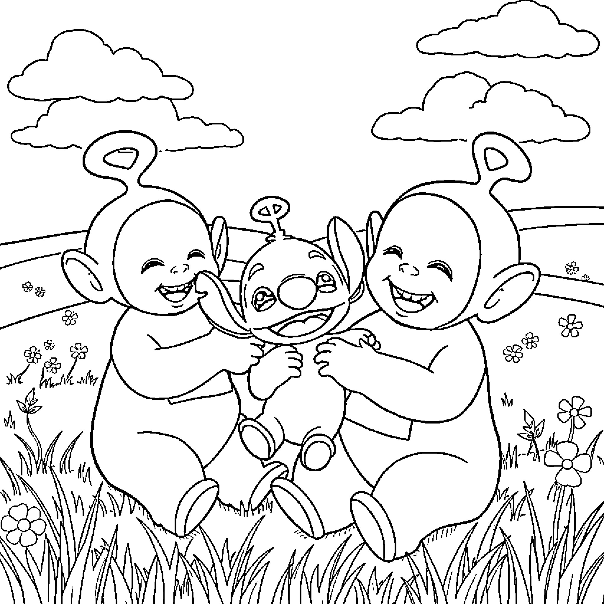 Teletubby friends enjoying a playful day outdoors Coloring Page (free black-and-white line drawing printable PDF for all, from beginners to advanced learners, including children, teens, adults, and seniors)