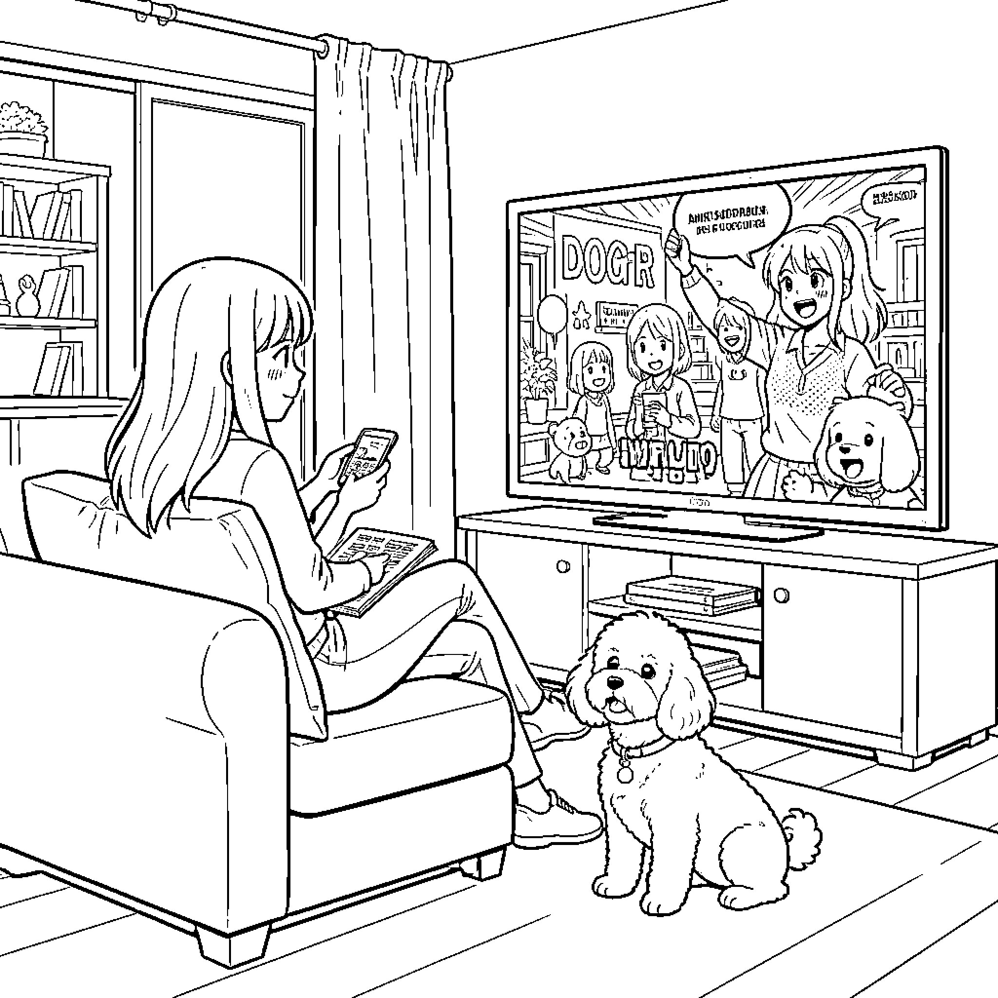 Anya watching a show on television with her dog Coloring Page (free black-and-white line drawing printable PDF for all, from beginners to advanced learners, including children, teens, adults, and seniors)