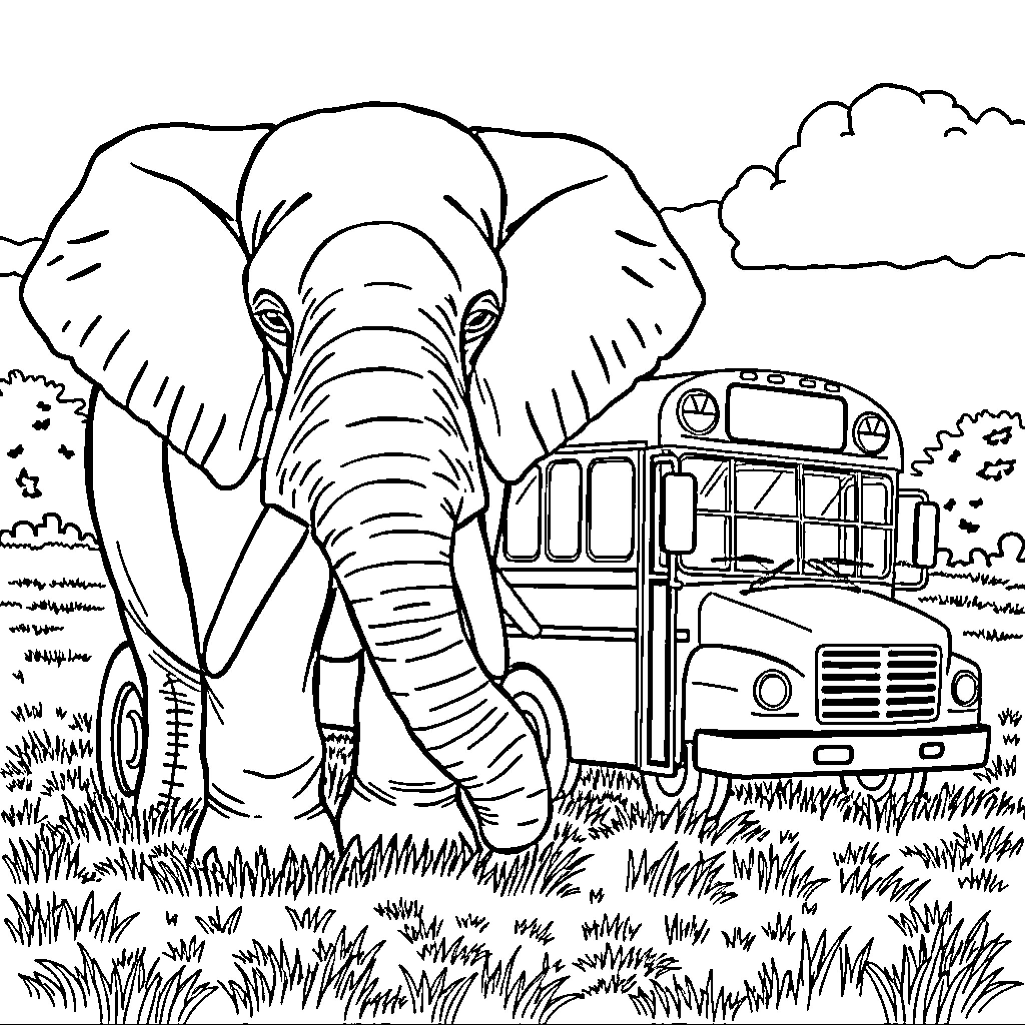 Bus with a mighty elephant in the savanna Coloring Page (free black-and-white line drawing printable PDF for all, from beginners to advanced learners, including children, teens, adults, and seniors)