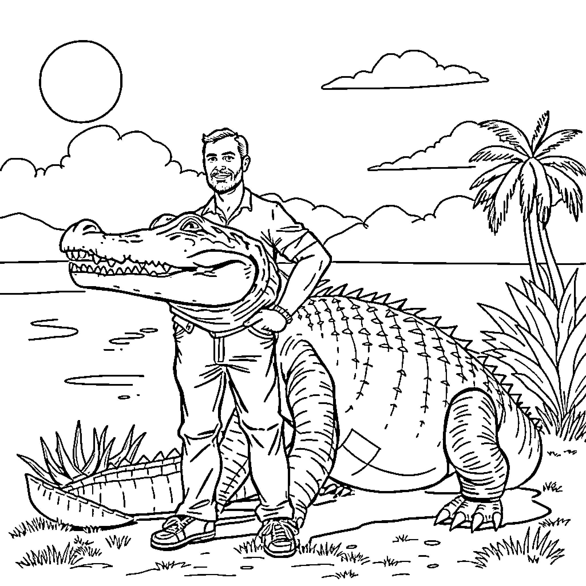 Man posing with large alligator in tropical setting Coloring Page (free black-and-white line drawing printable PDF for all, from beginners to advanced learners, including children, teens, adults, and seniors)