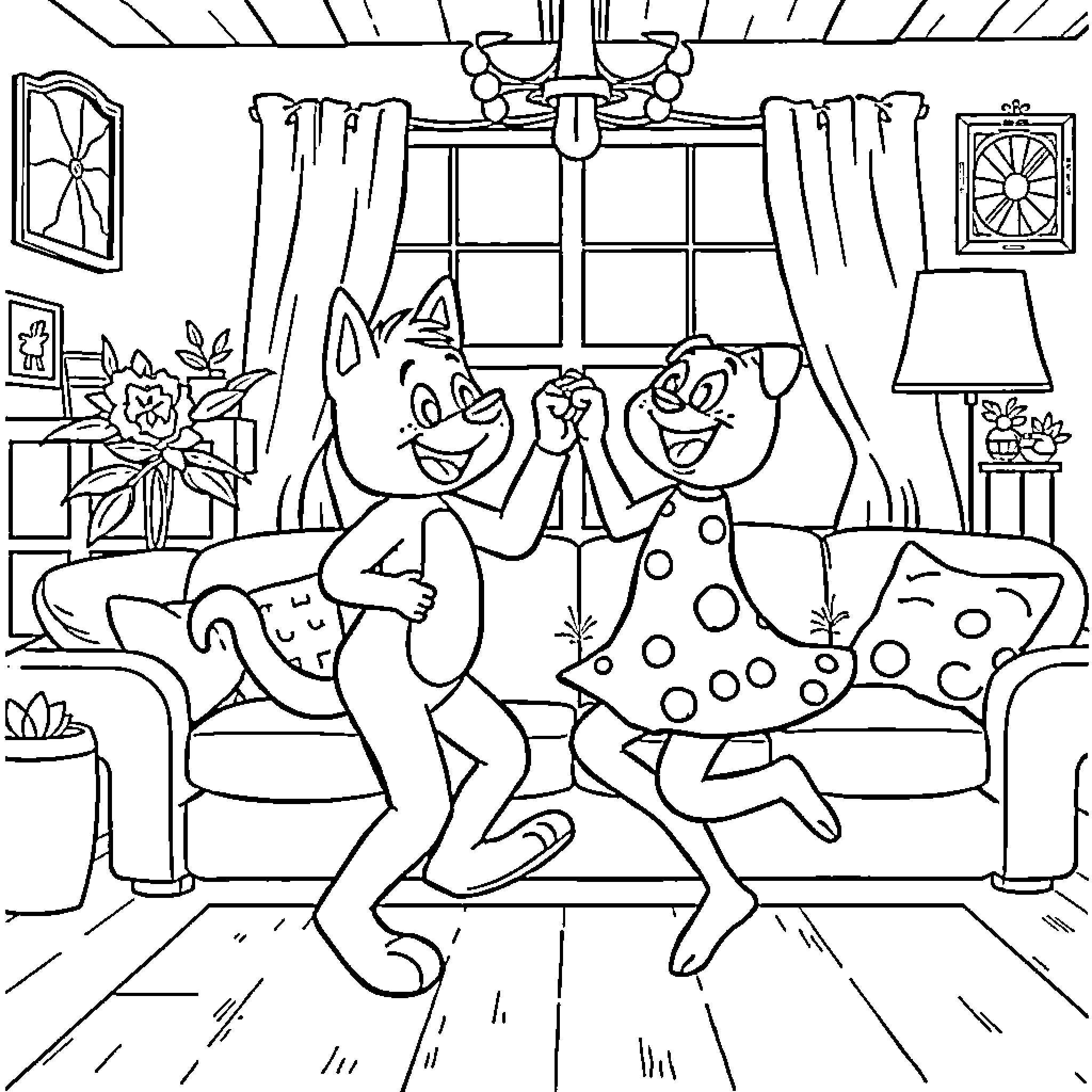 Bluey and Friends Enjoying a Playful Dance Coloring Page (free black-and-white line drawing printable PDF for all, from beginners to advanced learners, including children, teens, adults, and seniors)