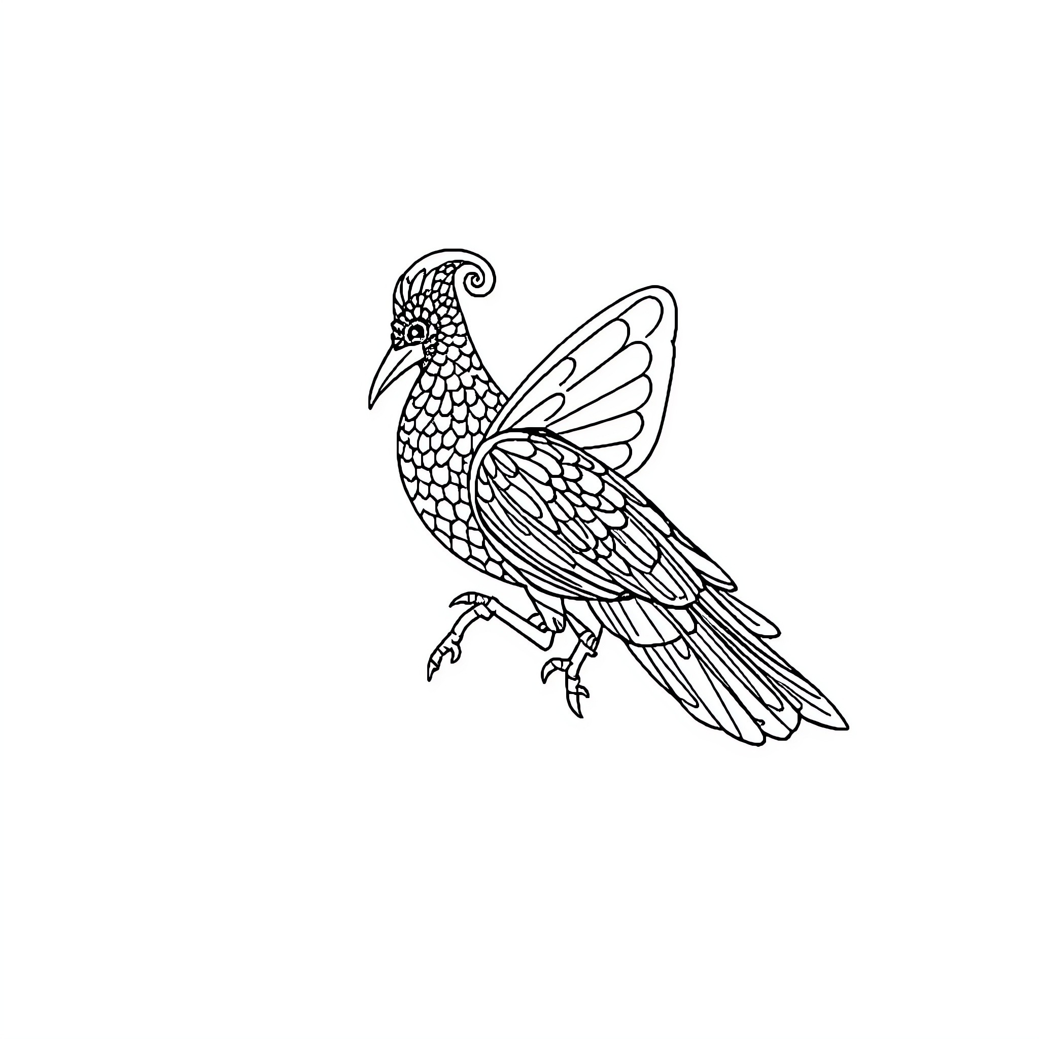 Ornate bird with detailed patterned feathers Coloring Page (free black-and-white line drawing printable PDF for all, from beginners to advanced learners, including children, teens, adults, and seniors)