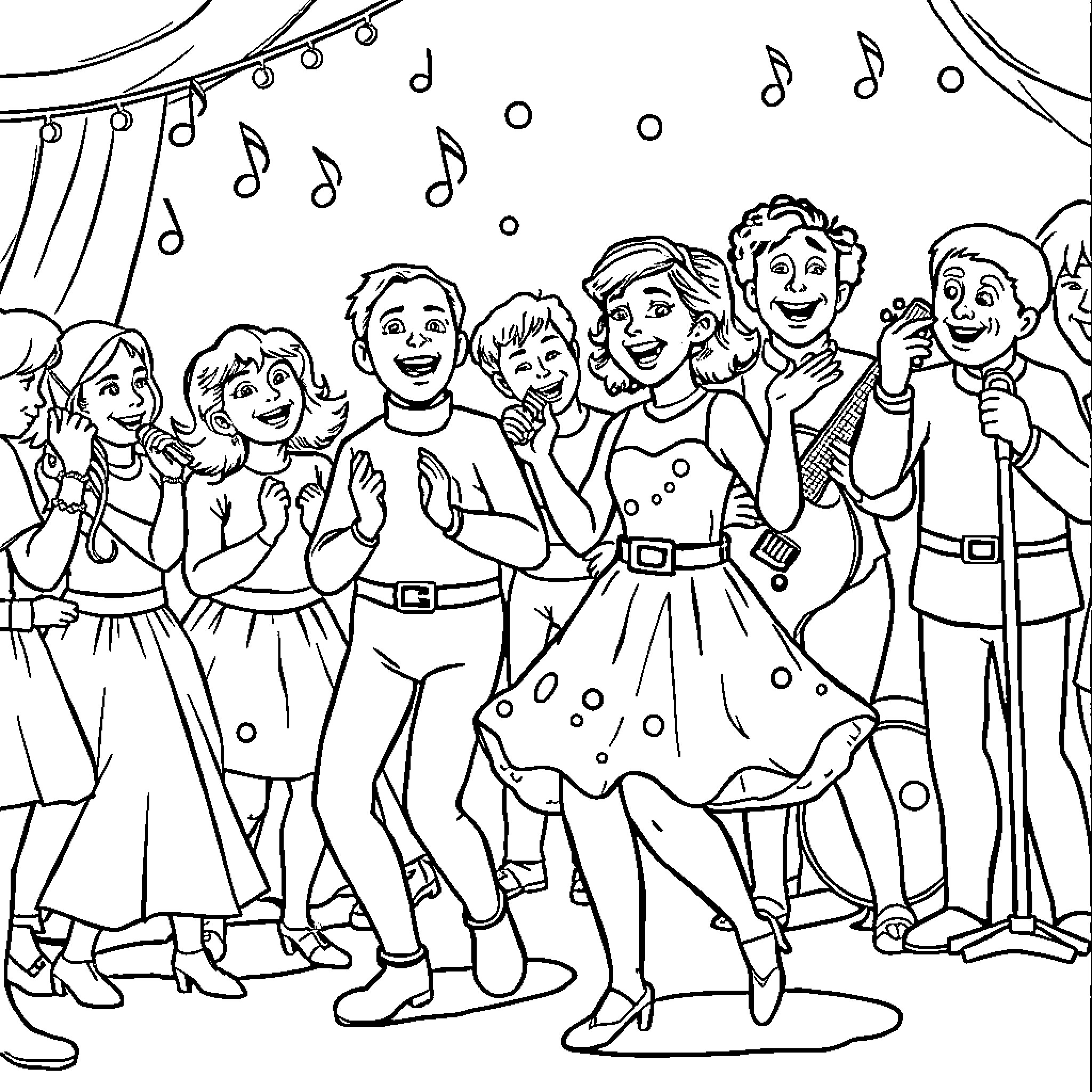 Mrs Rachel's Cheerful Performance on the Stage Coloring Page (free black-and-white line drawing printable PDF for all, from beginners to advanced learners, including children, teens, adults, and seniors)