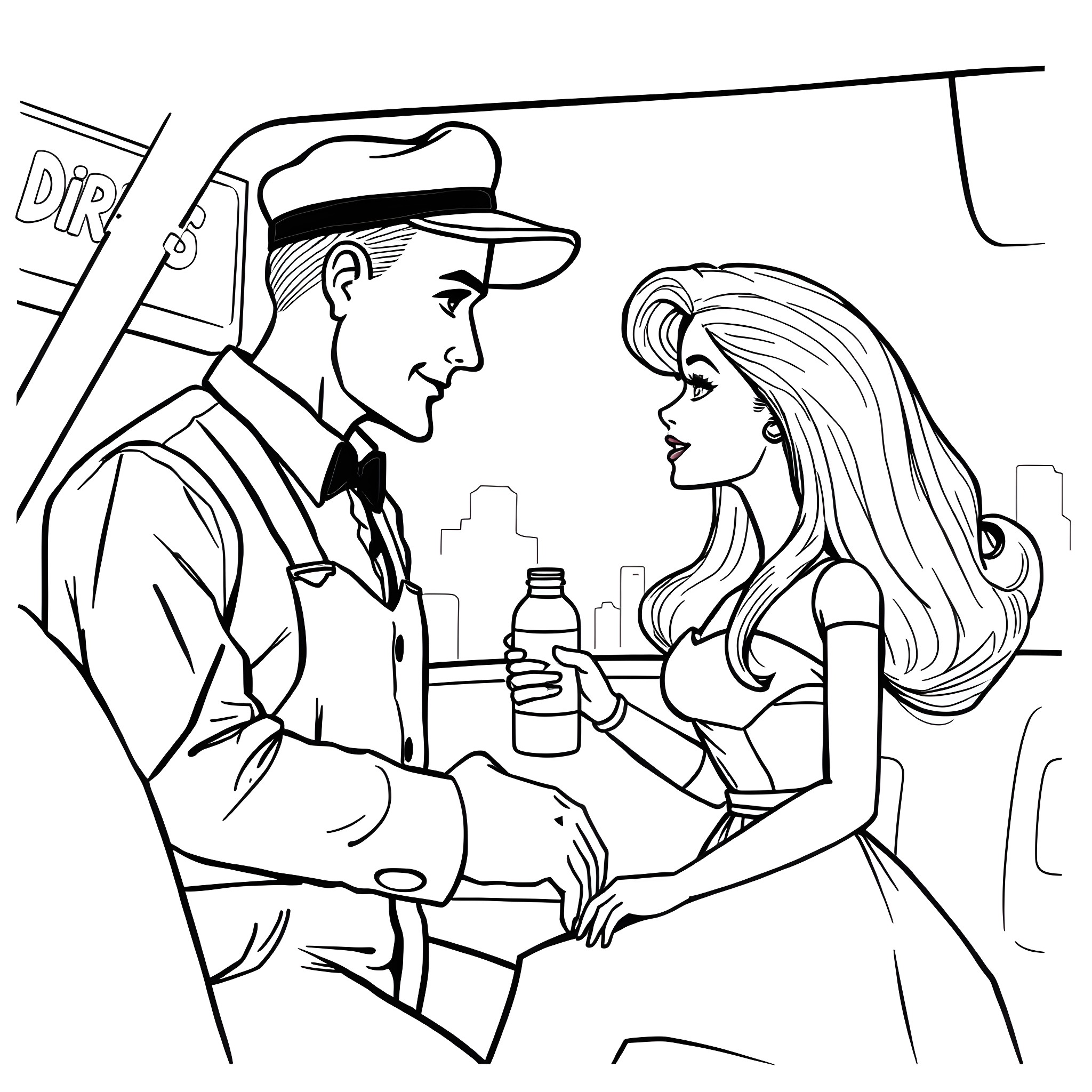 Barman interacting with a female customer in a bar scene Coloring Page (free black-and-white line drawing printable PDF for all, from beginners to advanced learners, including children, teens, adults, and seniors)