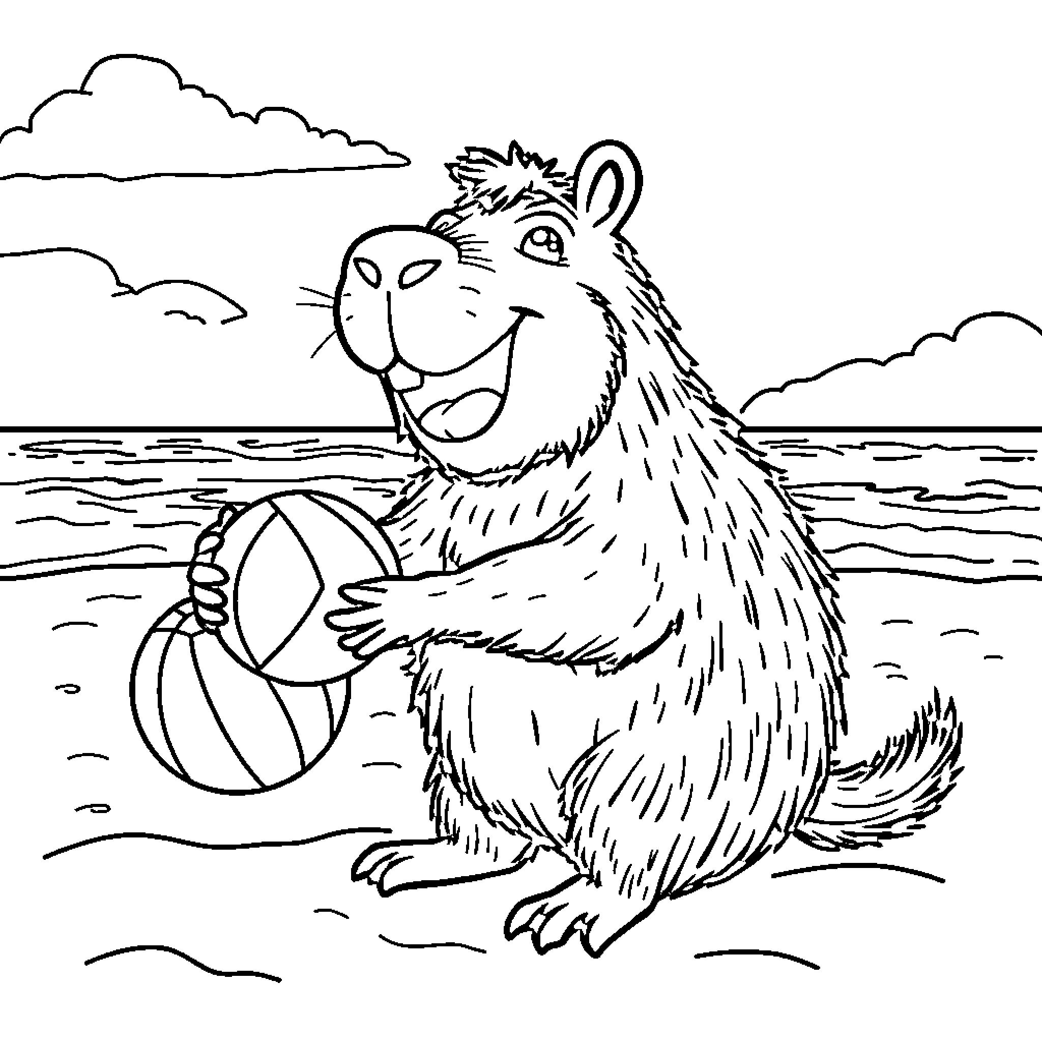 Capybara playing with beach ball by the shore Coloring Page (free black-and-white line drawing printable PDF for all, from beginners to advanced learners, including children, teens, adults, and seniors)