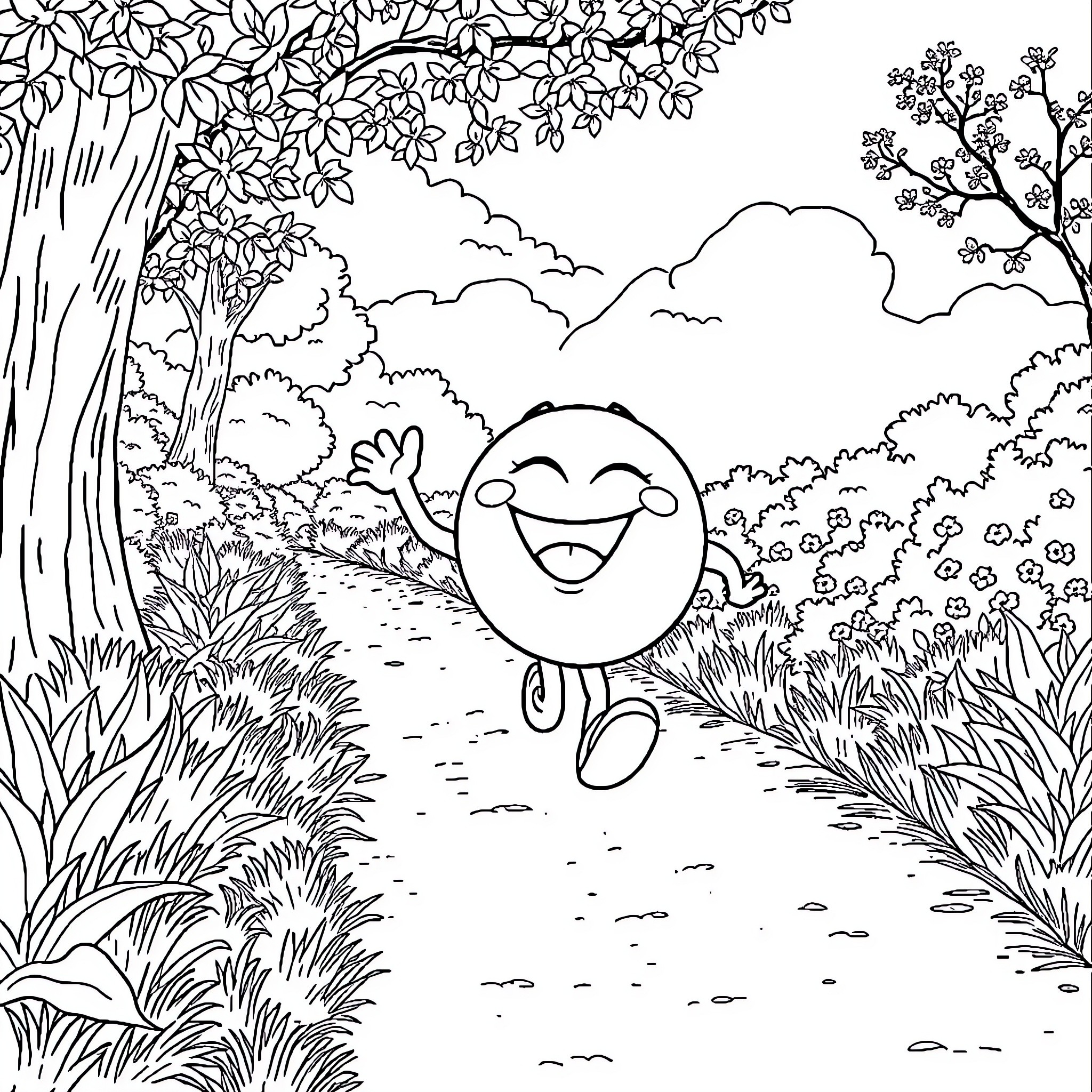 Orange Creature Joyfully Exploring Vibrant Nature Coloring Page (free black-and-white line drawing printable PDF for all, from beginners to advanced learners, including children, teens, adults, and seniors)