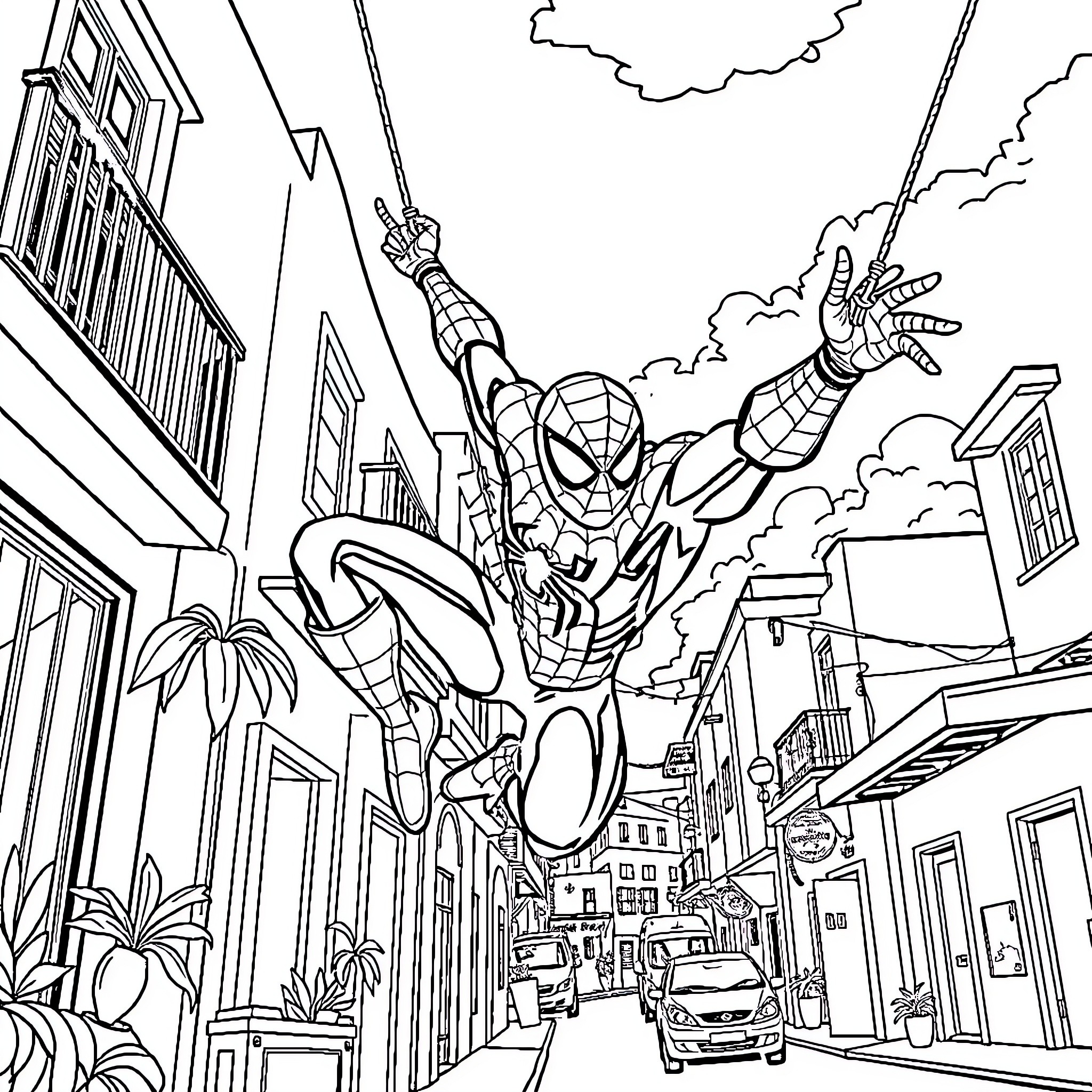 Spiderman swinging through the city Coloring Page (free black-and-white line drawing printable PDF for all, from beginners to advanced learners, including children, teens, adults, and seniors)