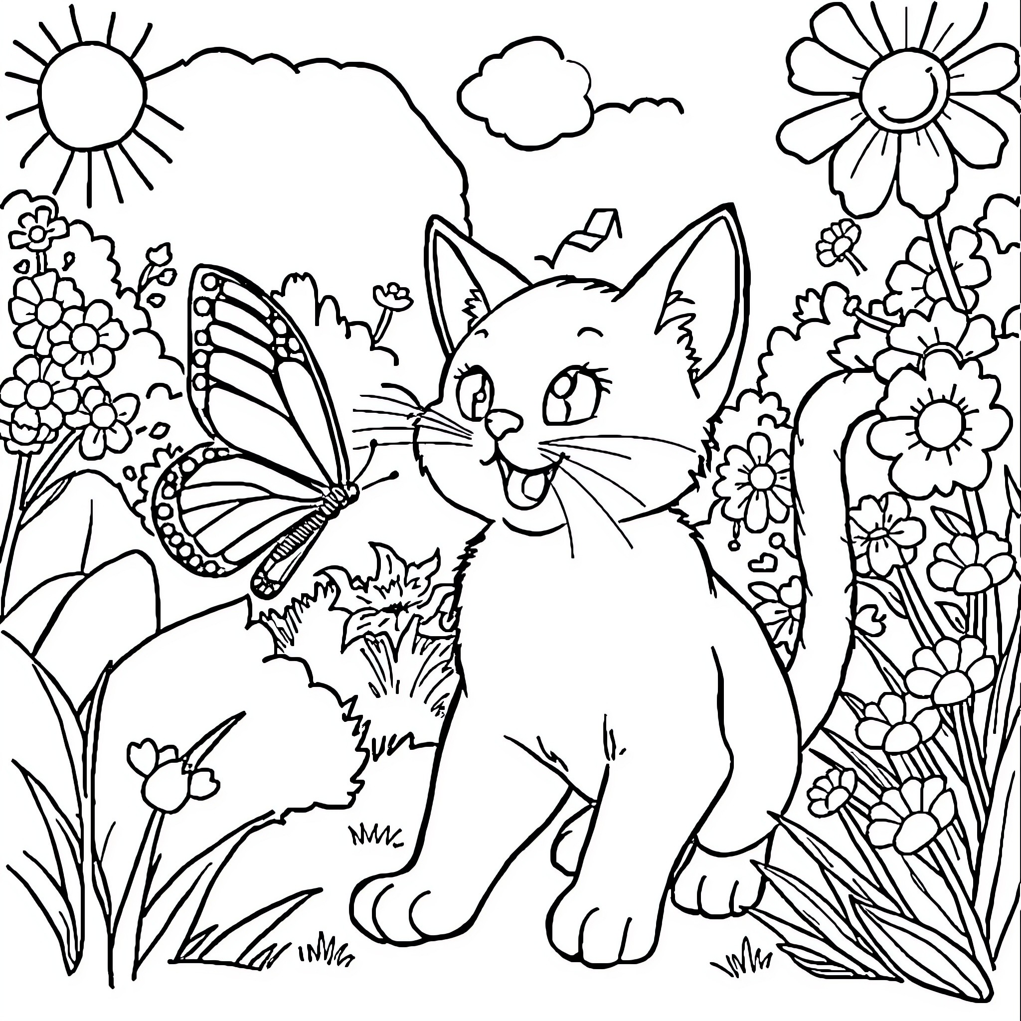 Cat in a whimsical floral garden Coloring Page (free black-and-white line drawing printable PDF for all, from beginners to advanced learners, including children, teens, adults, and seniors)
