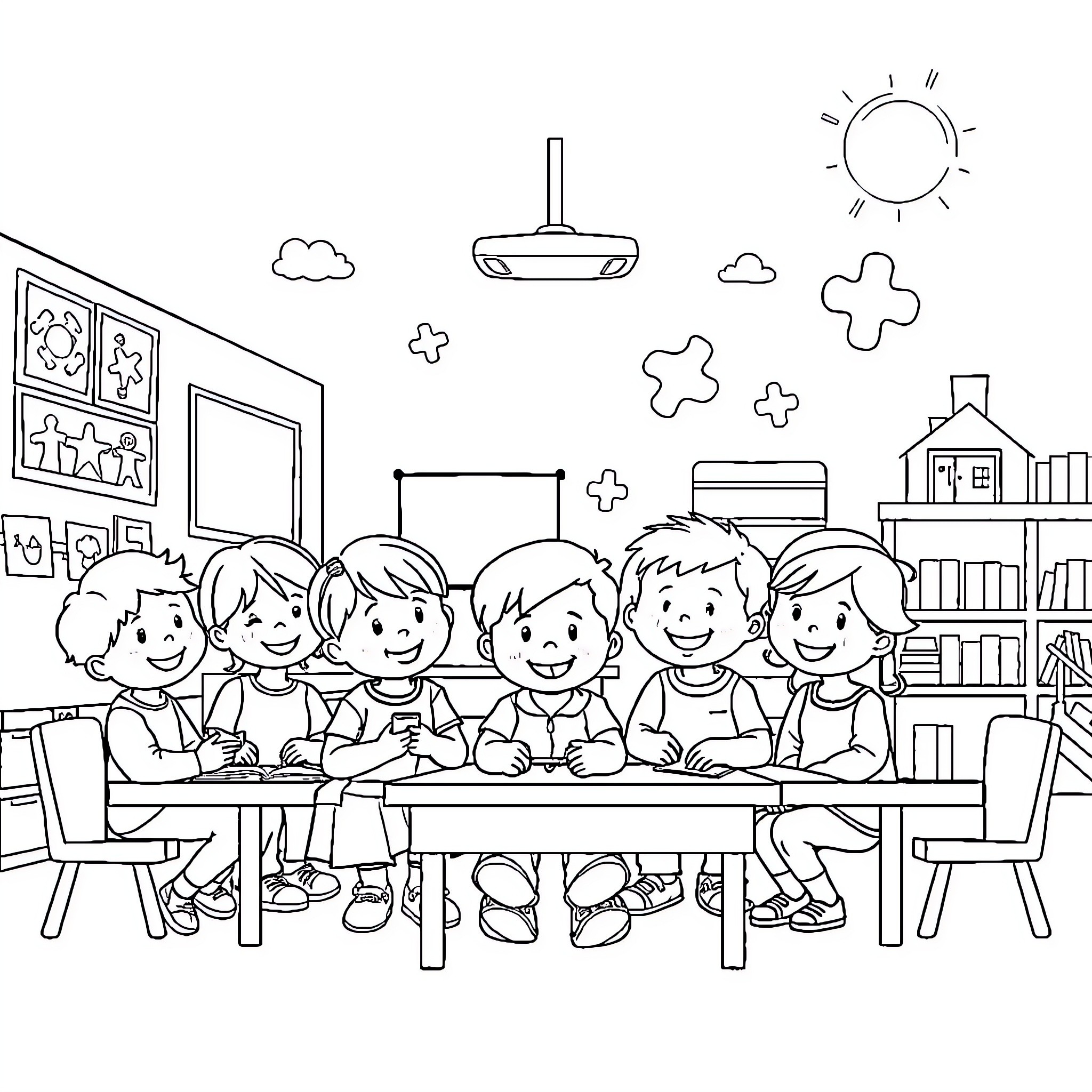 Autism: Children playing and learning together in classroom Coloring Page (free black-and-white line drawing printable PDF for all, from beginners to advanced learners, including children, teens, adults, and seniors)