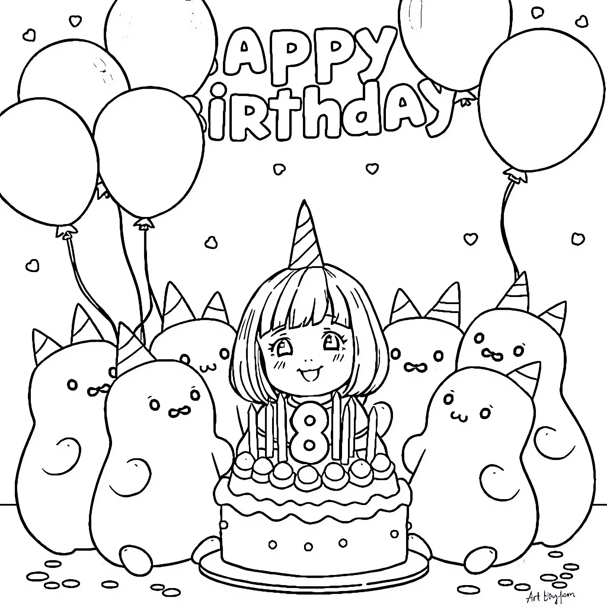 Squishmallow friends celebrate a birthday party Coloring Page (free black-and-white line drawing printable PDF for all, from beginners to advanced learners, including children, teens, adults, and seniors)
