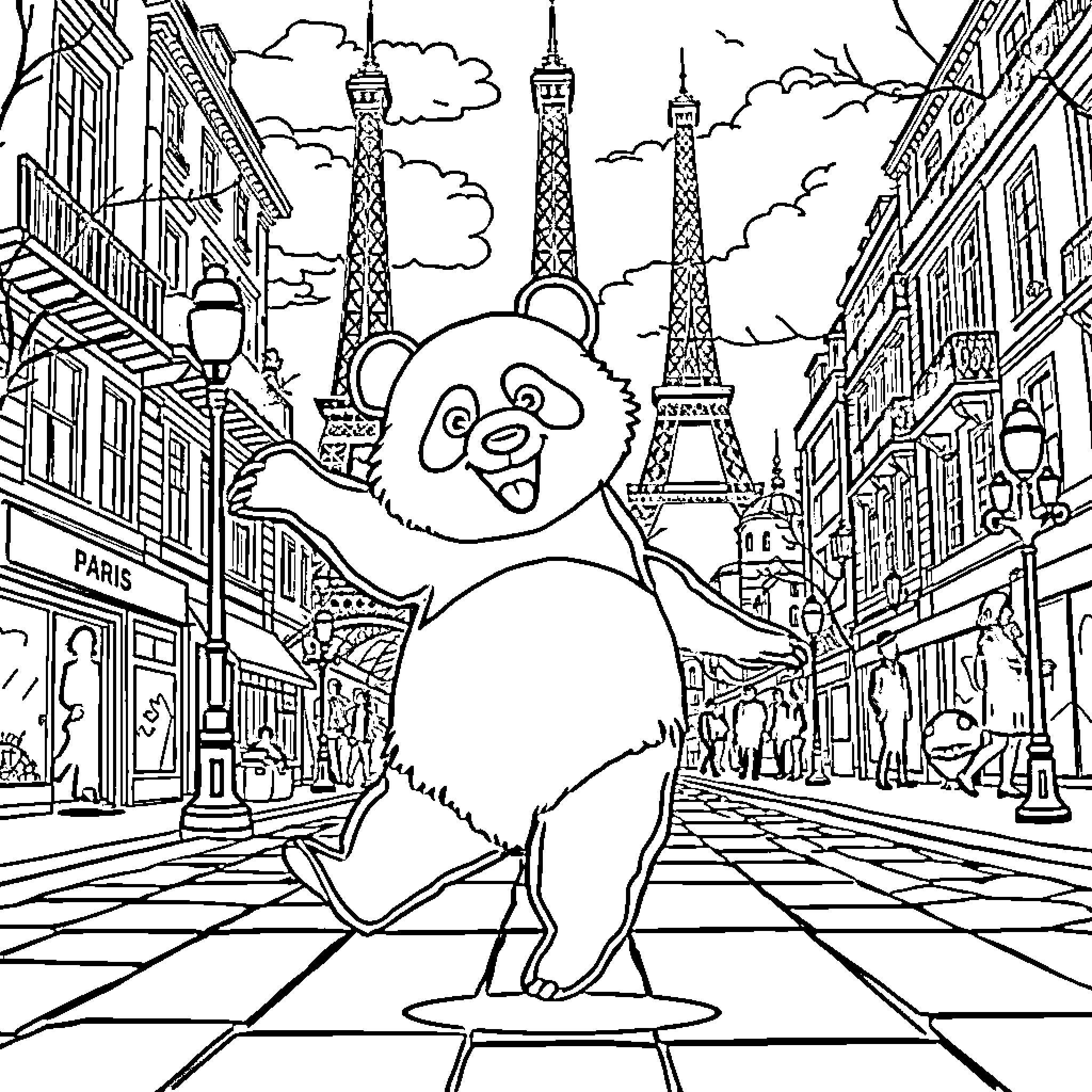 Panda enjoying the sights of Paris Coloring Page (free black-and-white line drawing printable PDF for all, from beginners to advanced learners, including children, teens, adults, and seniors)