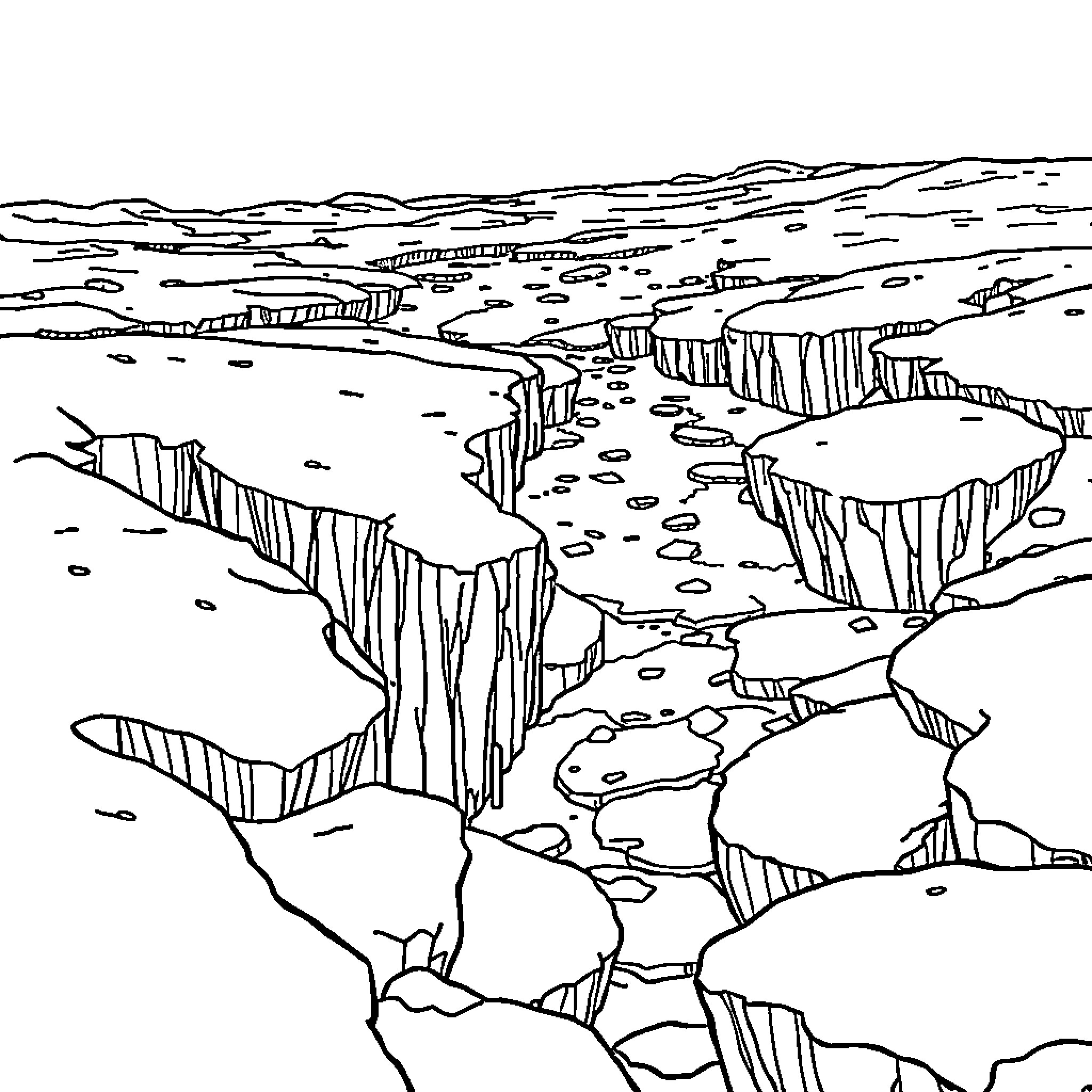 Frozen dramatic rocky landscape in monochrome Coloring Page (free black-and-white line drawing printable PDF for all, from beginners to advanced learners, including children, teens, adults, and seniors)
