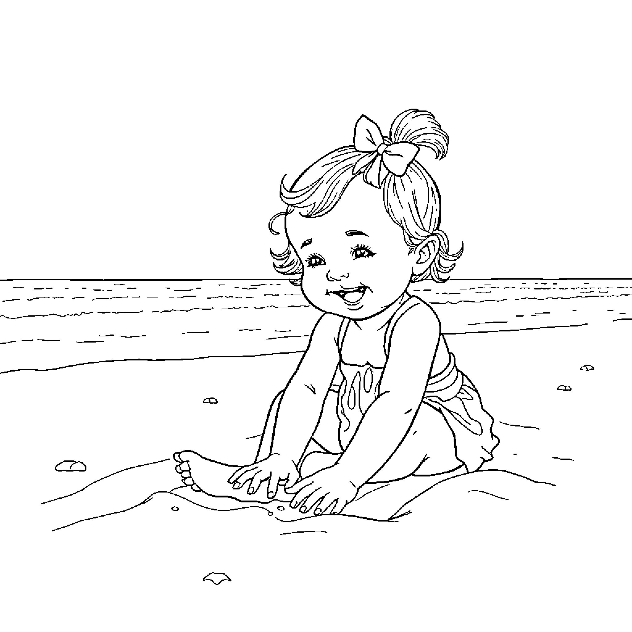 Baby Girl Playing Joyfully on the Beach Coloring Page (free black-and-white line drawing printable PDF for all, from beginners to advanced learners, including children, teens, adults, and seniors)
