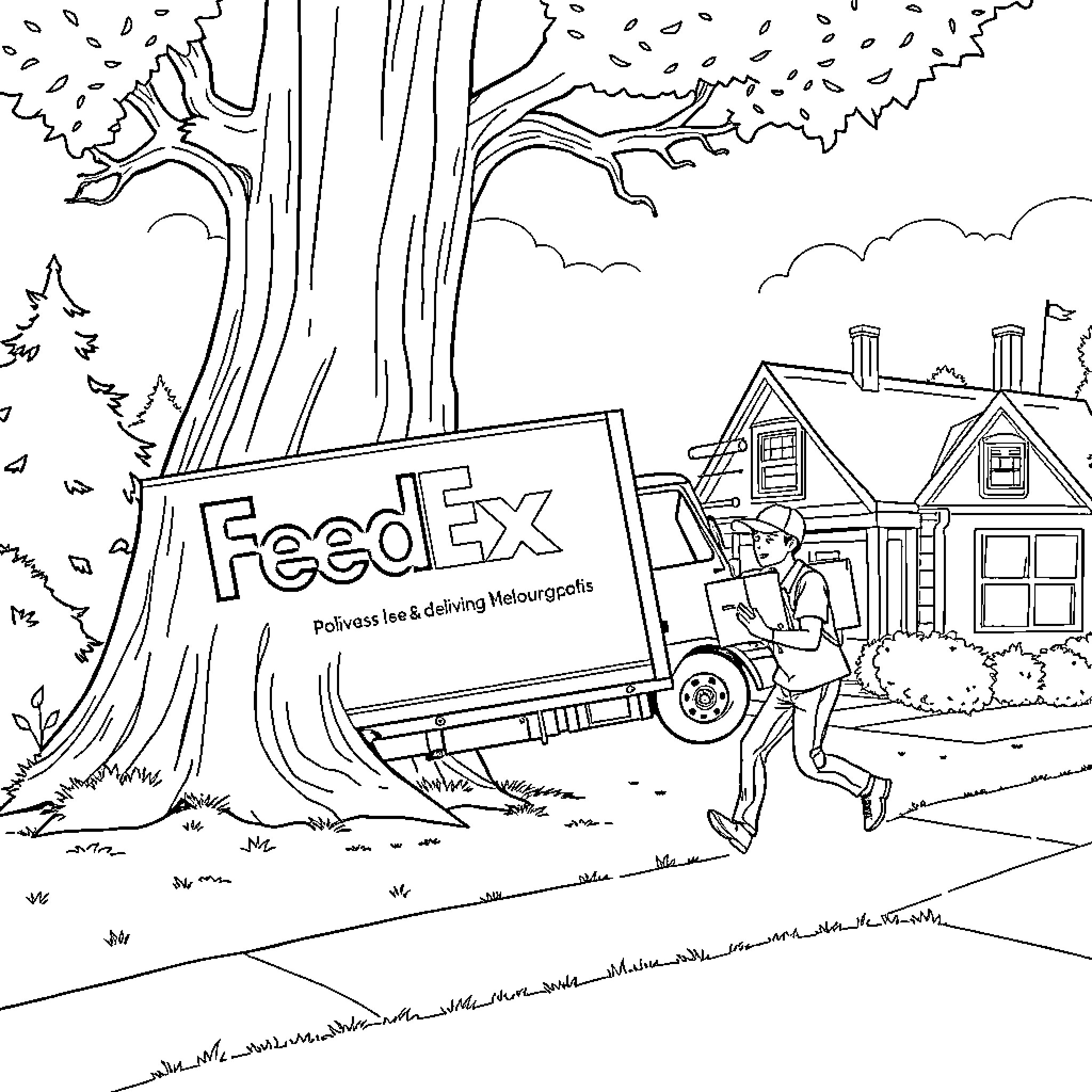 Truck Delivering Packages in Residential Neighborhood Coloring Page (free black-and-white line drawing printable PDF for all, from beginners to advanced learners, including children, teens, adults, and seniors)