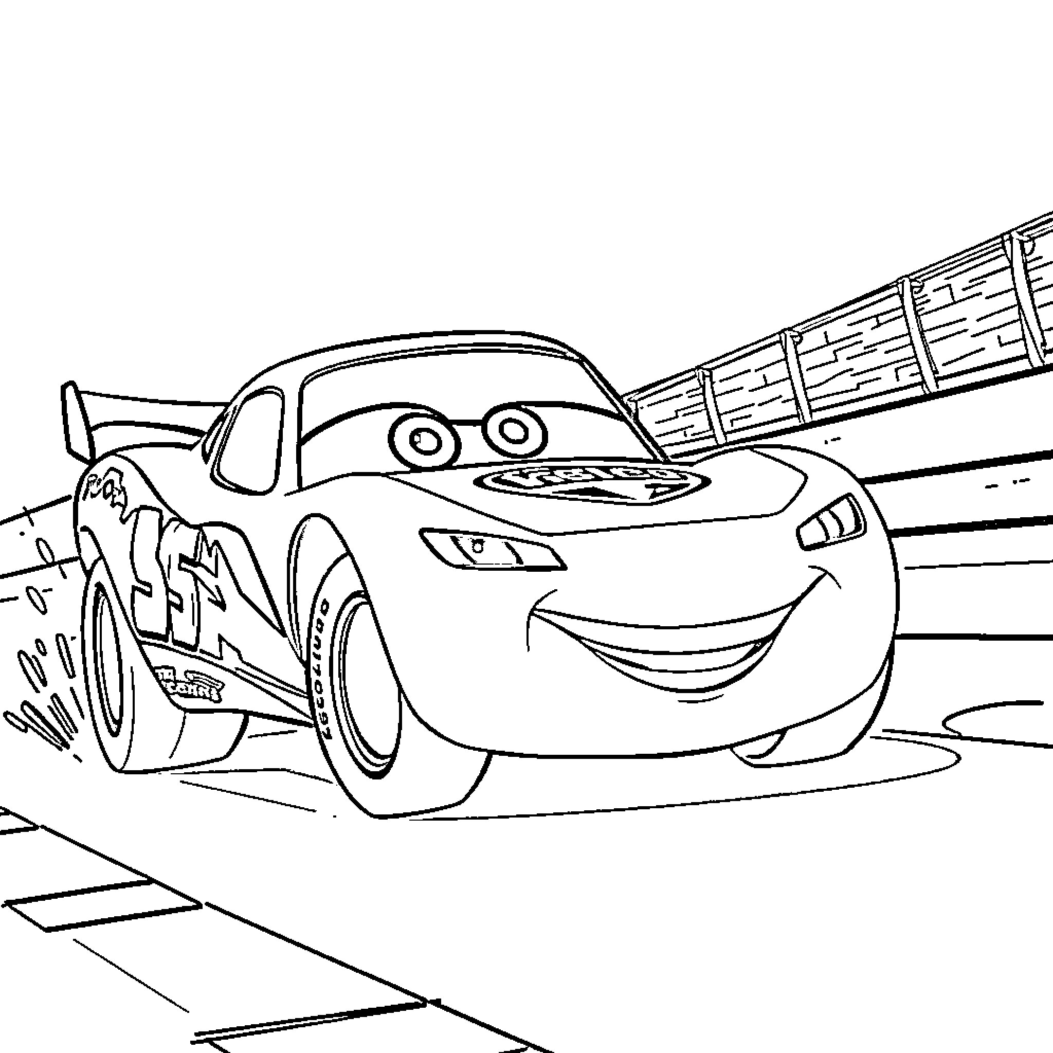 Lightning McQueen racing on the track Coloring Page (free black-and-white line drawing printable PDF for all, from beginners to advanced learners, including children, teens, adults, and seniors)