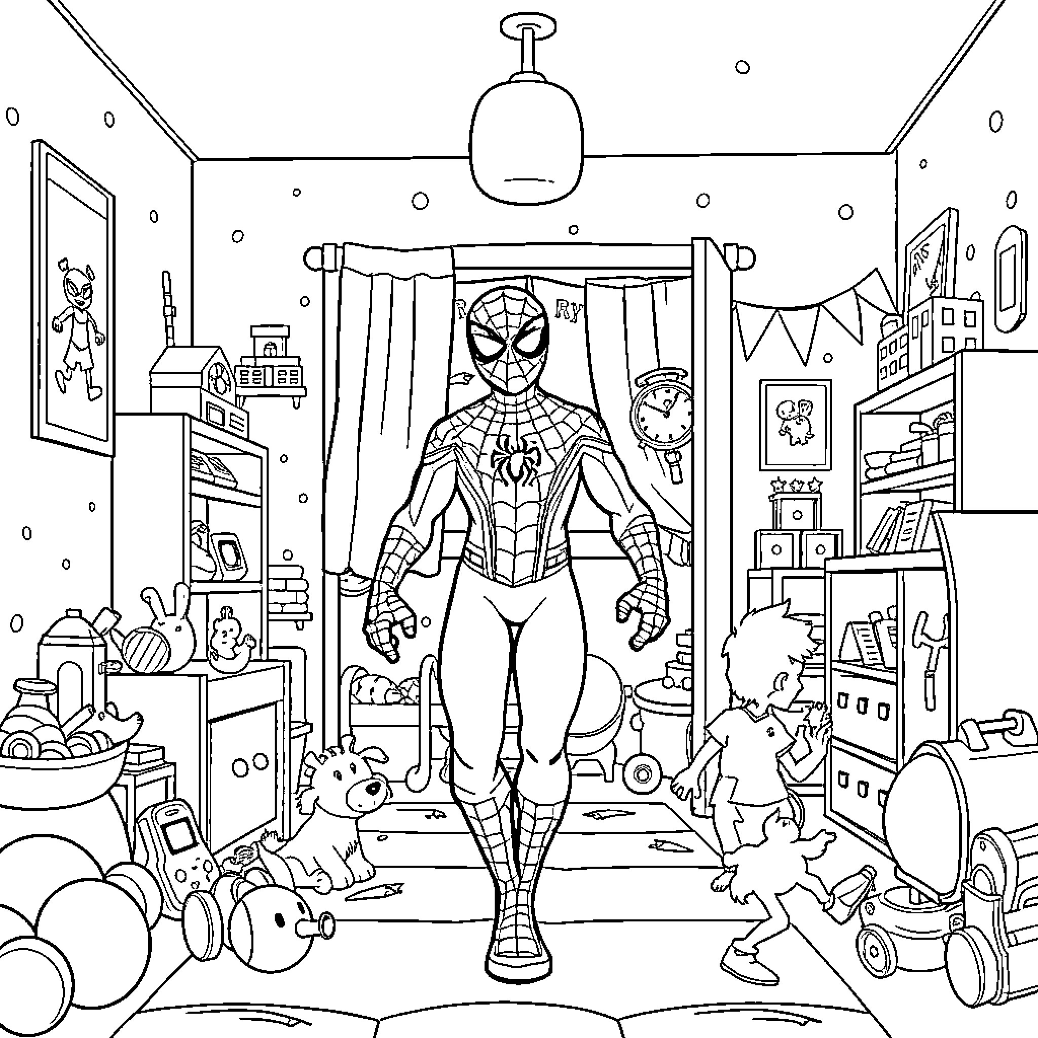 Spiderman in his bedroom surrounded by toys and gadgets Coloring Page (free black-and-white line drawing printable PDF for all, from beginners to advanced learners, including children, teens, adults, and seniors)