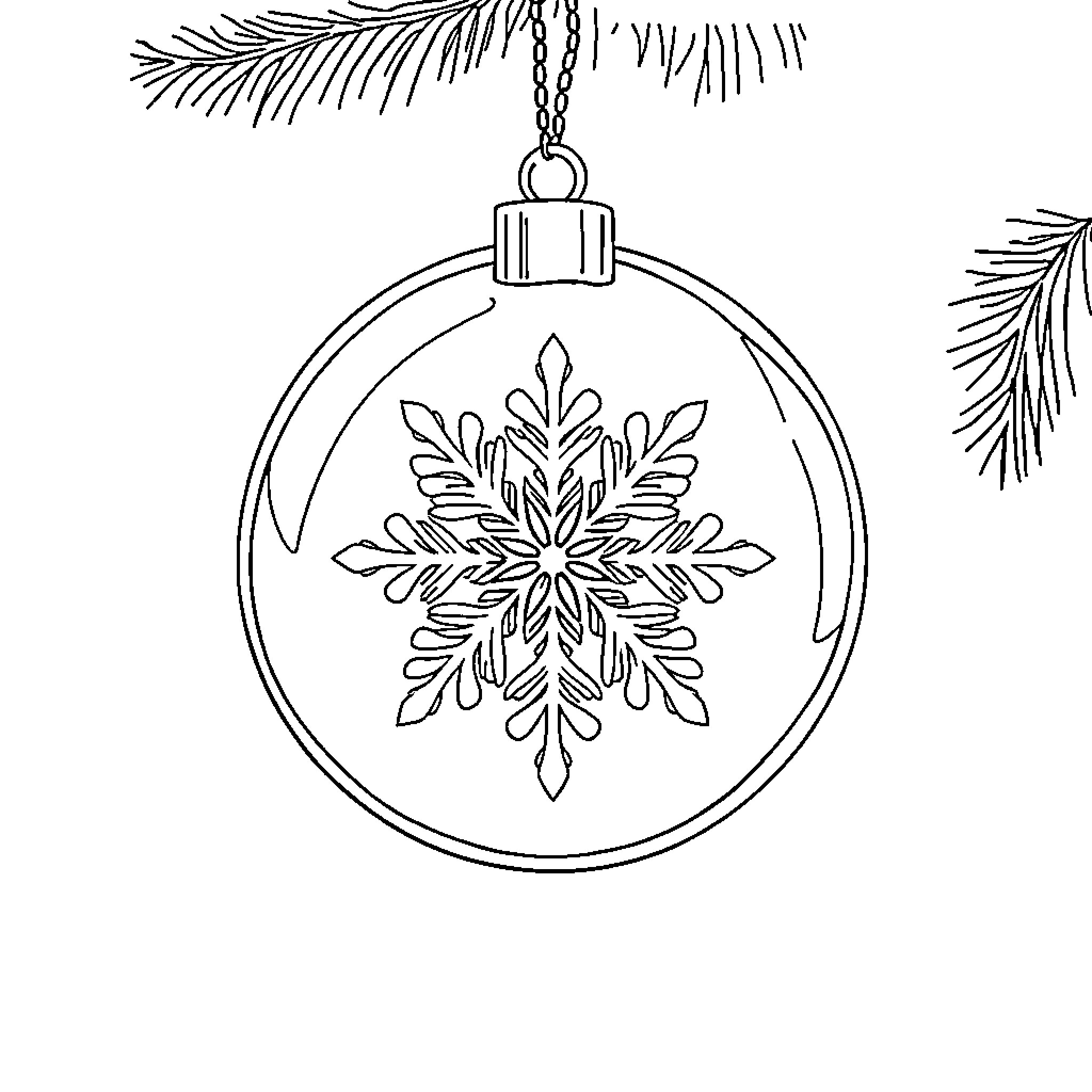 Christmas Ball with Intricate Snowflake Design Coloring Page (free black-and-white line drawing printable PDF for all, from beginners to advanced learners, including children, teens, adults, and seniors)