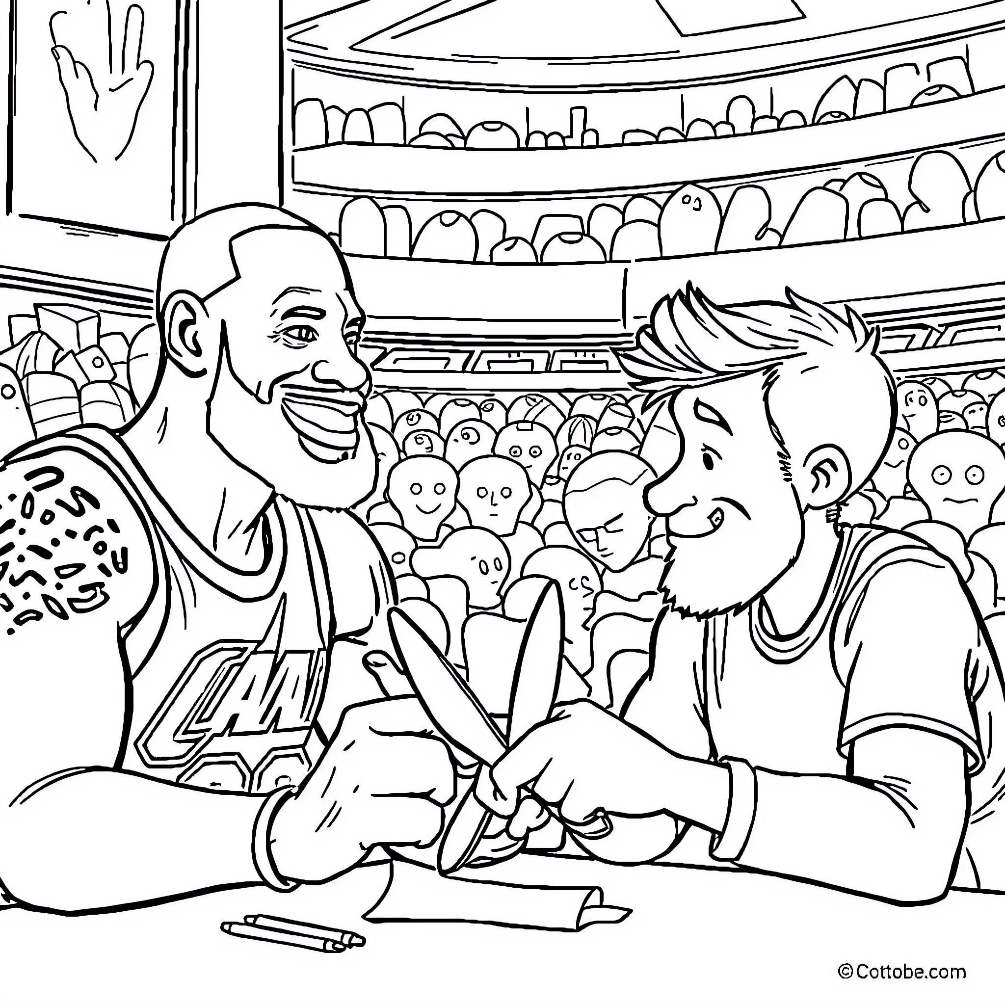 LeBron James Signing Autographs for Fans in Stadium Coloring Page (free black-and-white line drawing printable PDF for all, from beginners to advanced learners, including children, teens, adults, and seniors)