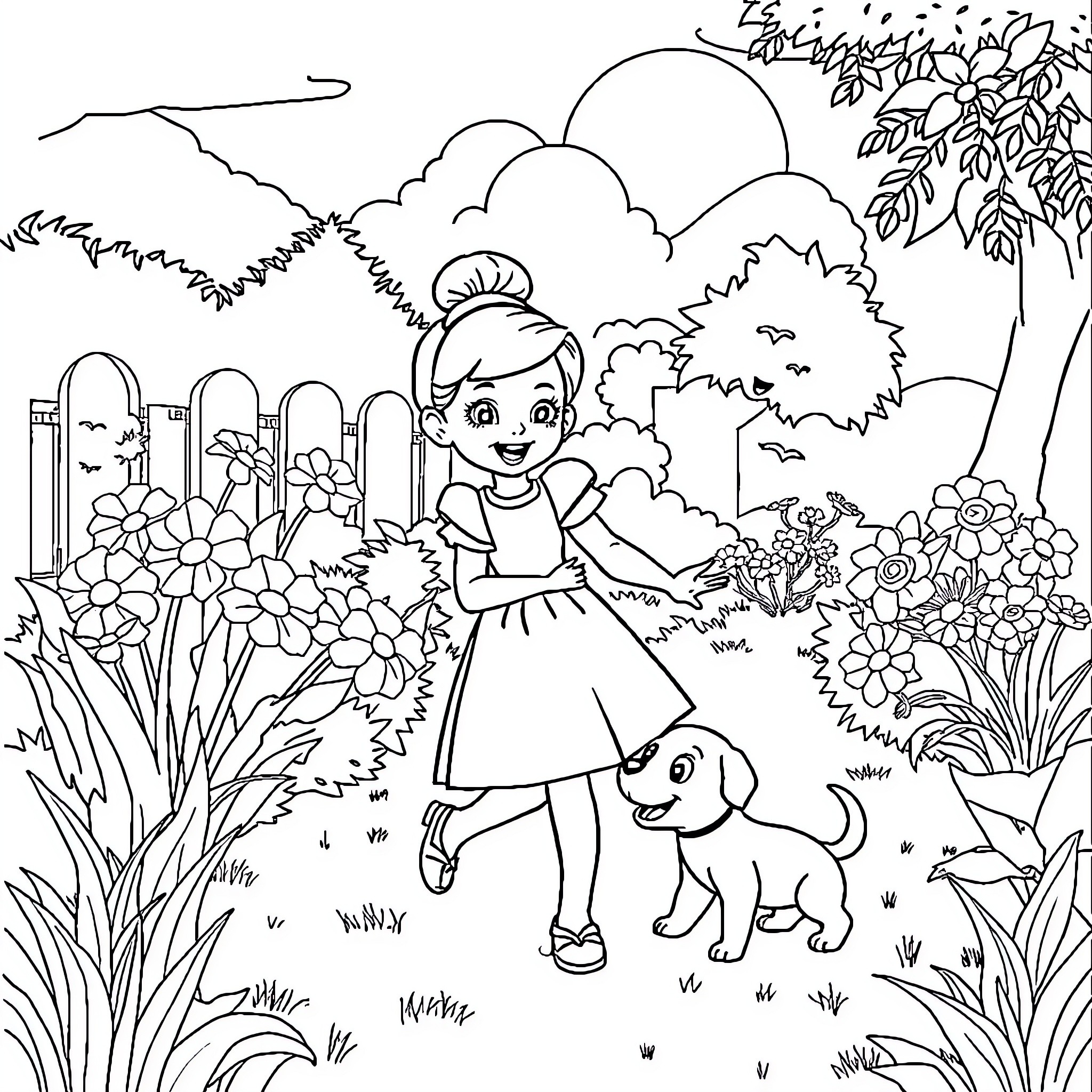 Cinderella enjoying a peaceful day in the garden with her dog Coloring Page (free black-and-white line drawing printable PDF for all, from beginners to advanced learners, including children, teens, adults, and seniors)