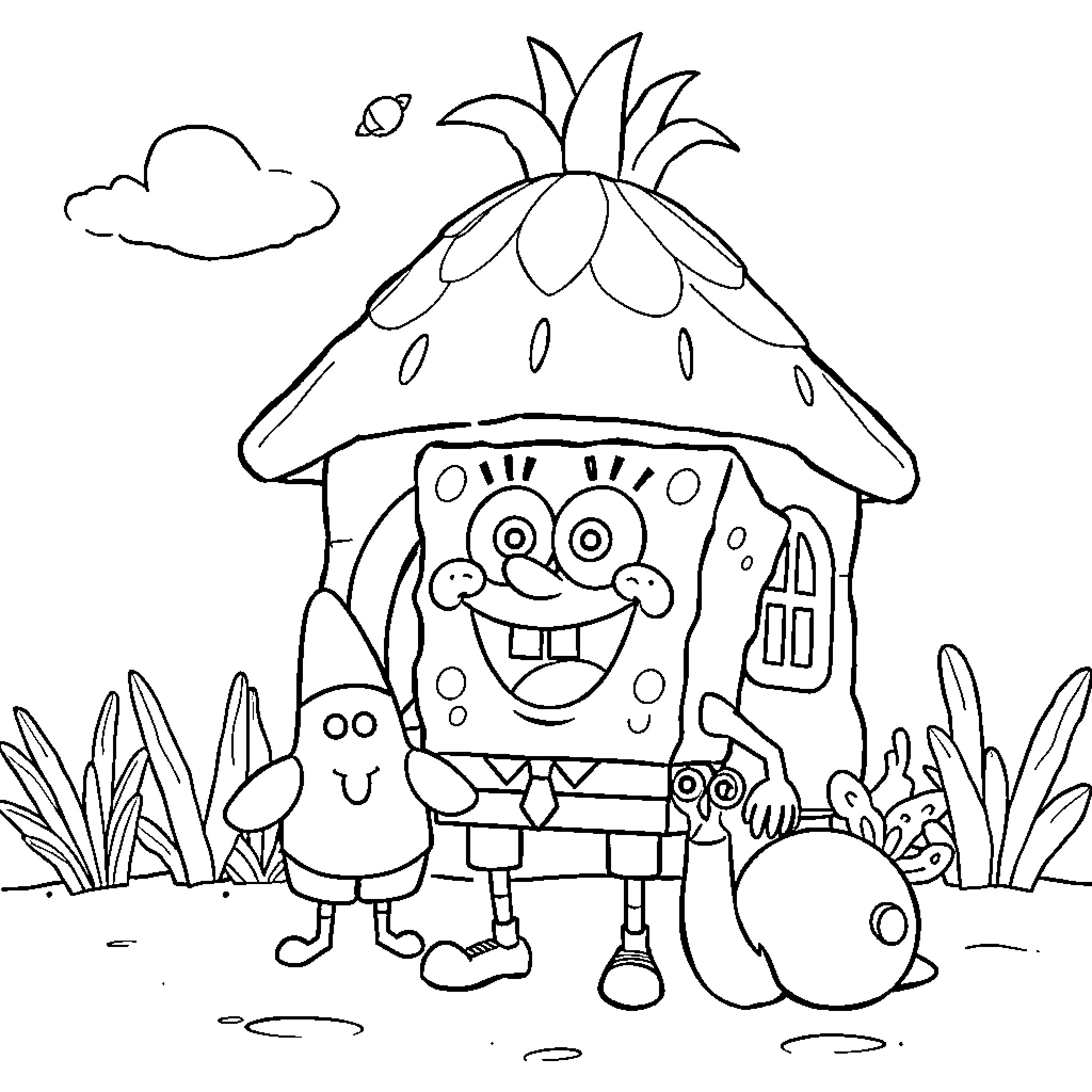 Spongebob and friends in a happy nature scene Coloring Page (free black-and-white line drawing printable PDF for all, from beginners to advanced learners, including children, teens, adults, and seniors)