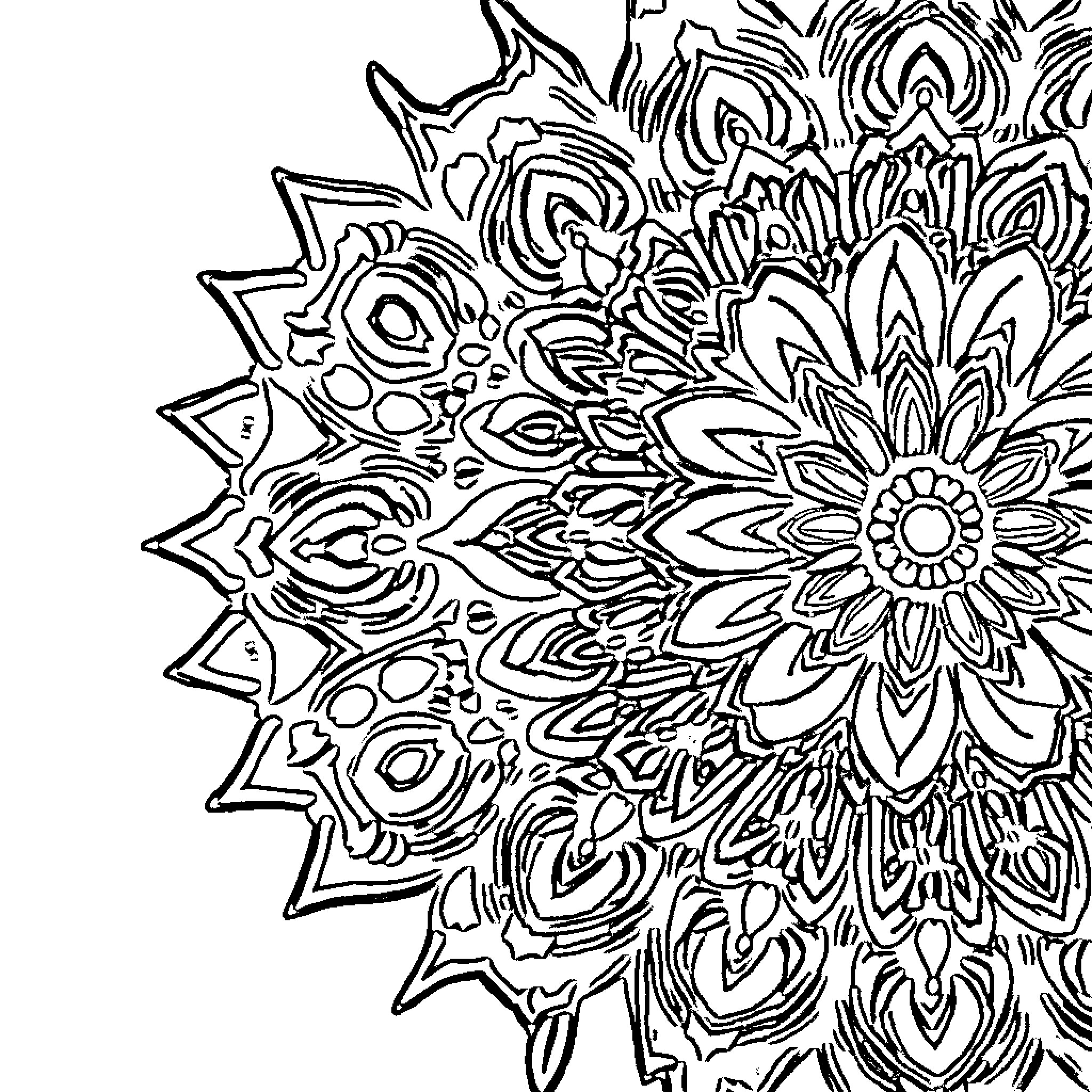 Mandala of Intricate Floral Patterns Coloring Page (free black-and-white line drawing printable PDF for all, from beginners to advanced learners, including children, teens, adults, and seniors)