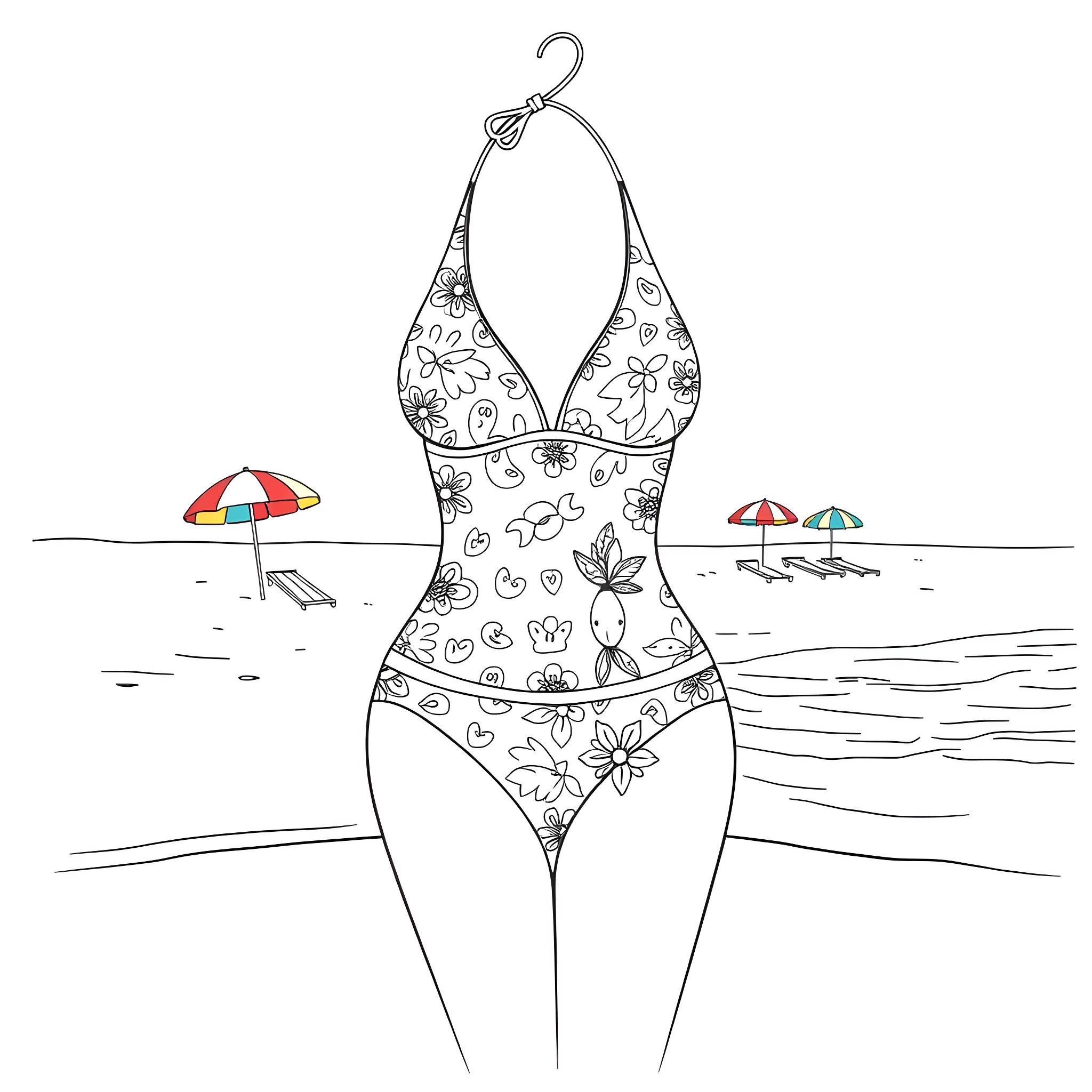Bikini-clad figure enjoying beach scene Coloring Page (free black-and-white line drawing printable PDF for all, from beginners to advanced learners, including children, teens, adults, and seniors)